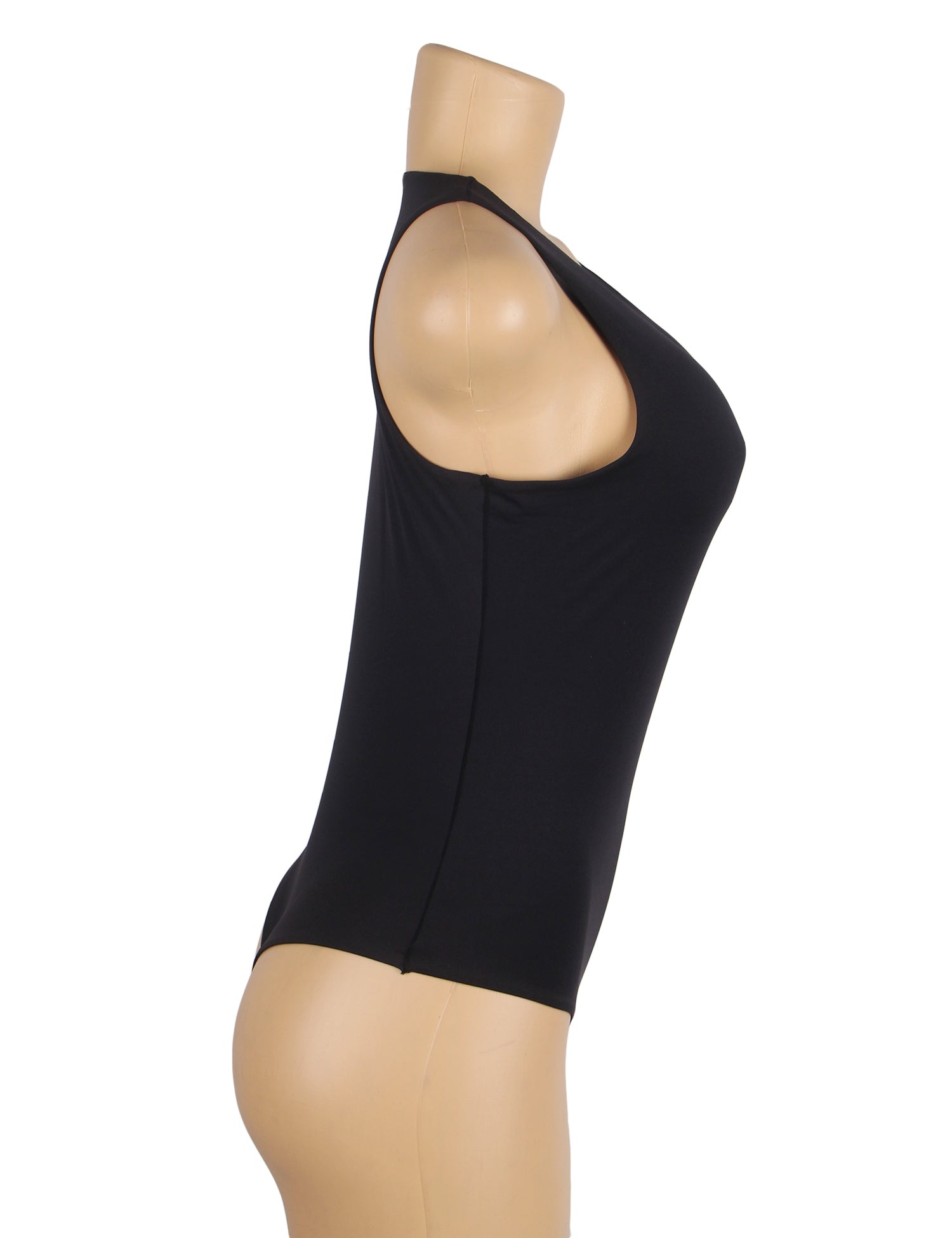 Schwarzer, schlichter, ärmelloser Body mit offenem Schritt