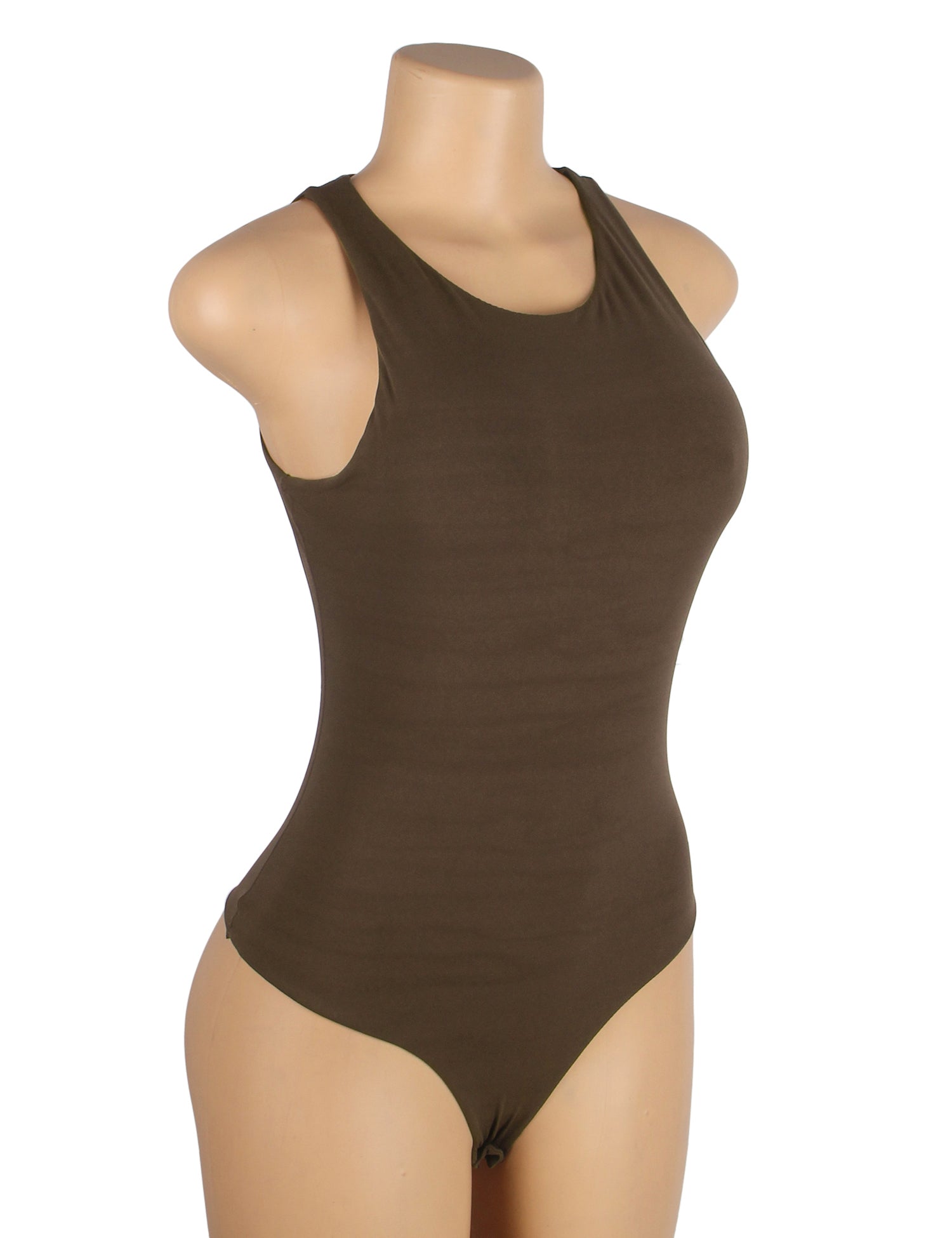 Brown Simple Sleeveless Open Crotch Bodysuit