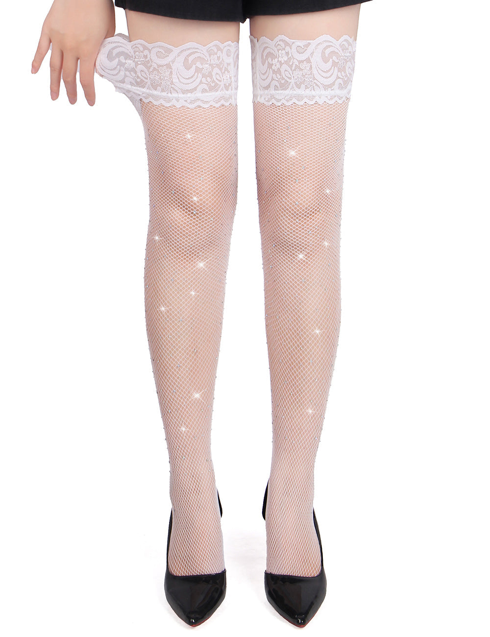 White Sexy Lace Rhinestone Fishnet Stockings With Silicone
