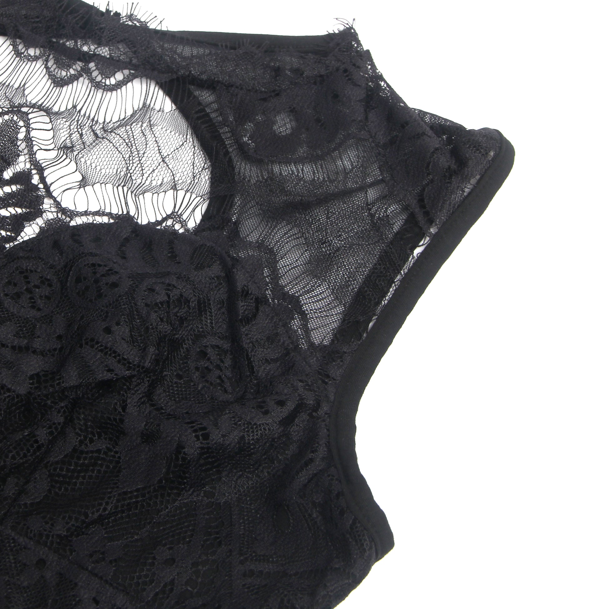 Schwarzer, sexy ärmelloser Body mit Wimpernspitze und offenem Schritt