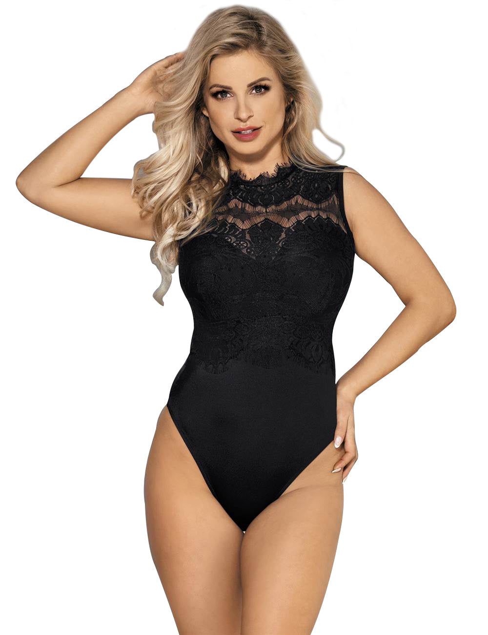 Black Sexy Eyelash Lace Open Crotch Sleeveless Bodysuit