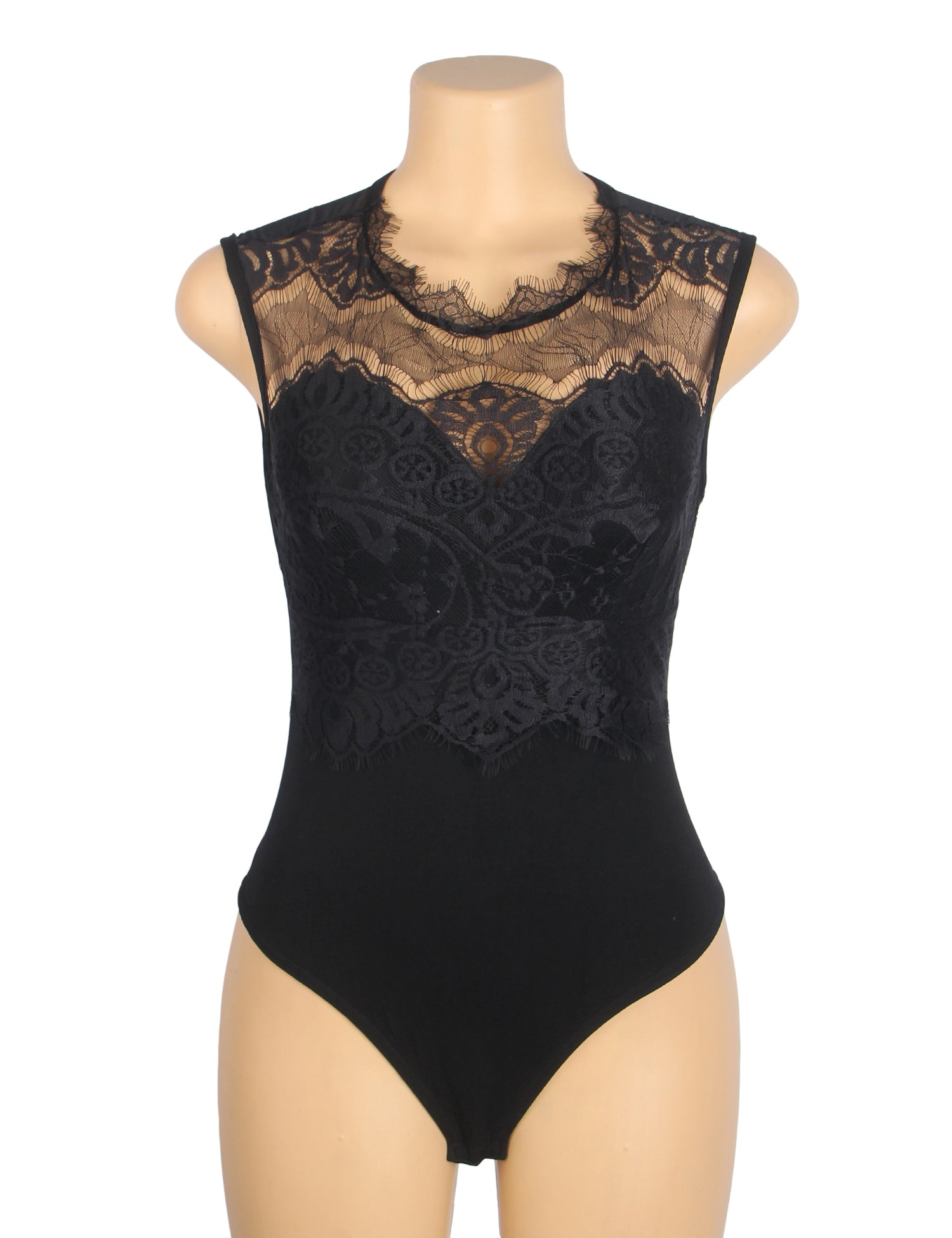 Schwarzer, sexy ärmelloser Body mit Wimpernspitze und offenem Schritt