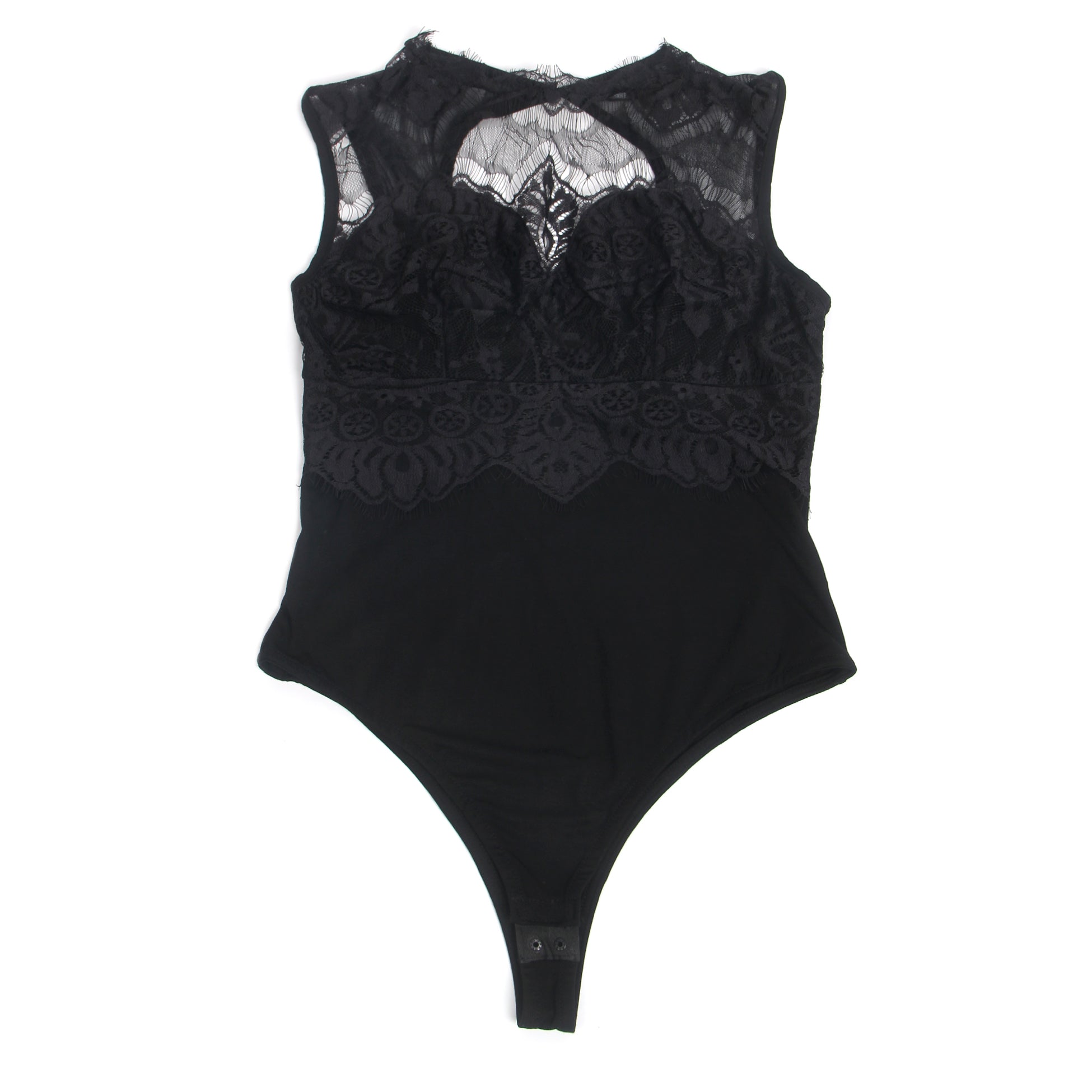 Schwarzer, sexy ärmelloser Body mit Wimpernspitze und offenem Schritt