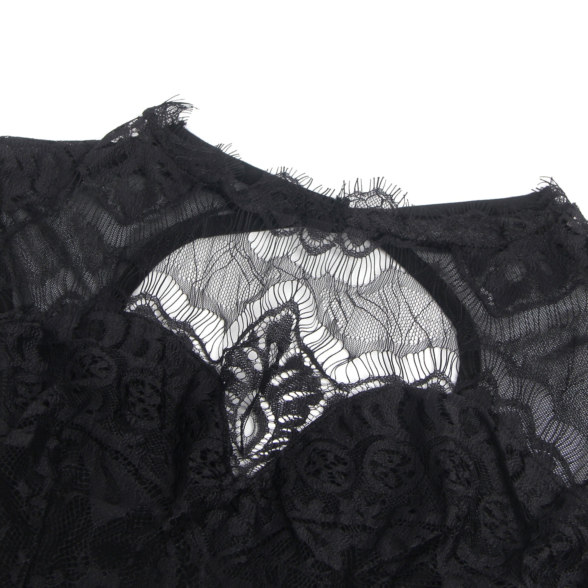 Schwarzer, sexy ärmelloser Body mit Wimpernspitze und offenem Schritt