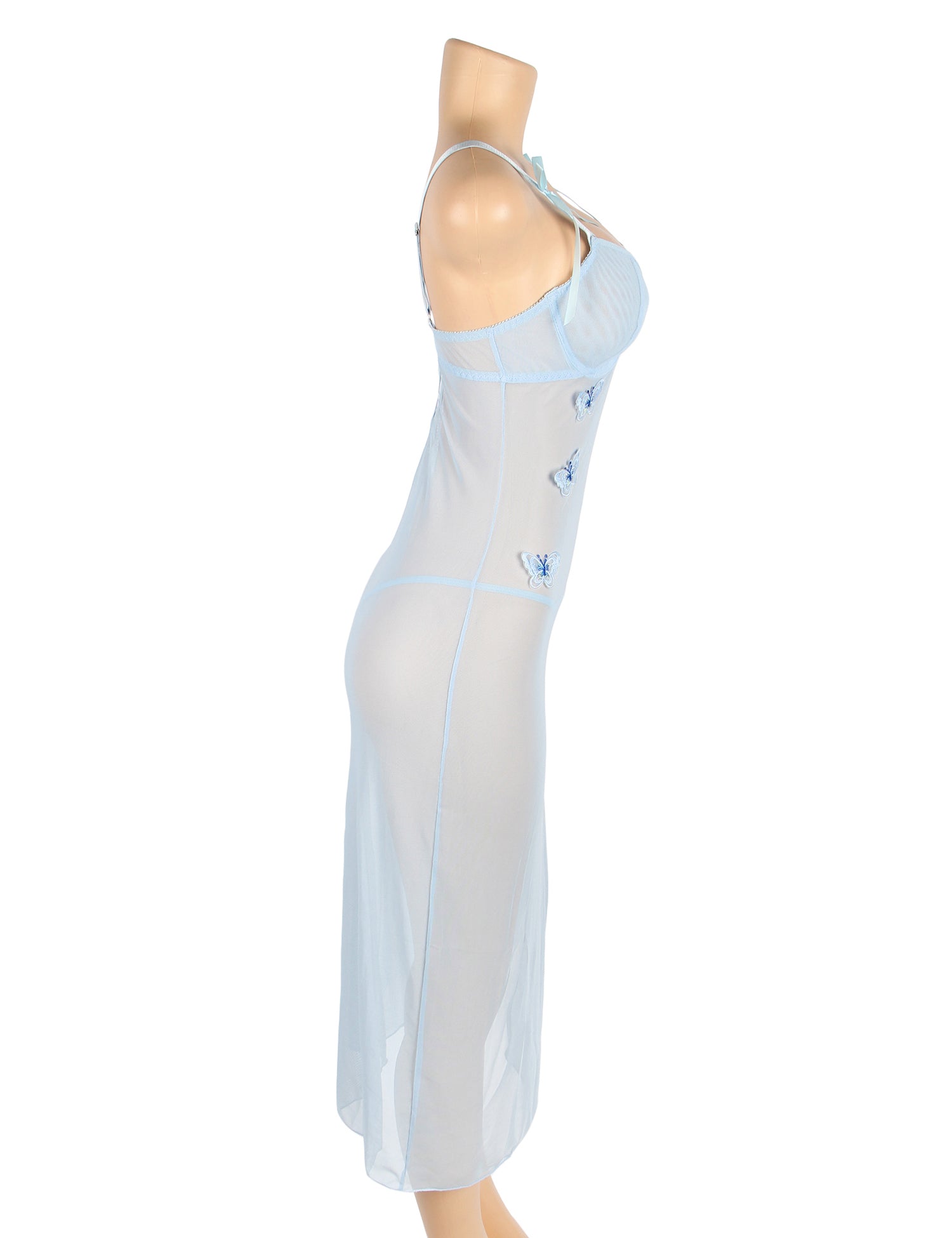 Blaues, sexy, durchsichtiges, rückenfreies, langes Dessouskleid mit Schmetterlingsmuster und Netzstoff