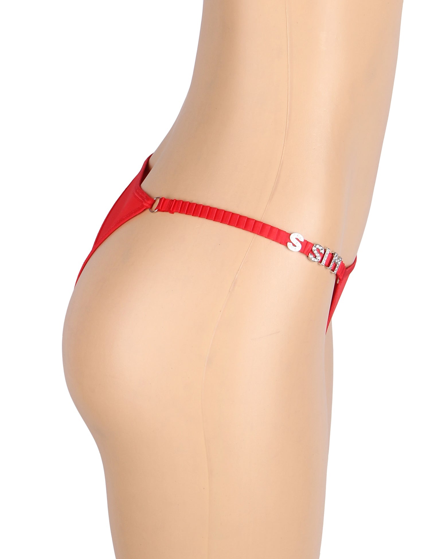 Roter, sexy Badeanzug aus Stoff mit breiten Trägern, Strasssteinen und T-Back-Tanga