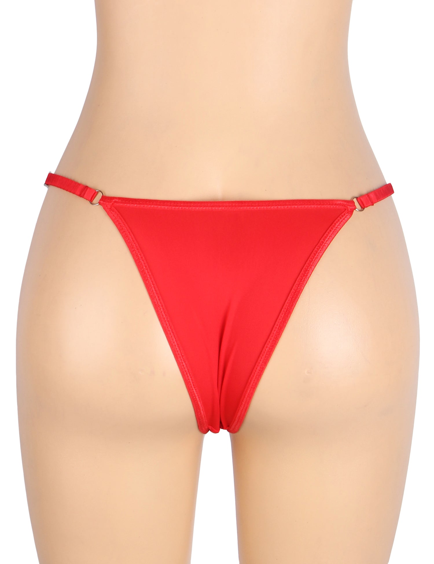 Roter, sexy Badeanzug aus Stoff mit breiten Trägern, Strasssteinen und T-Back-Tanga