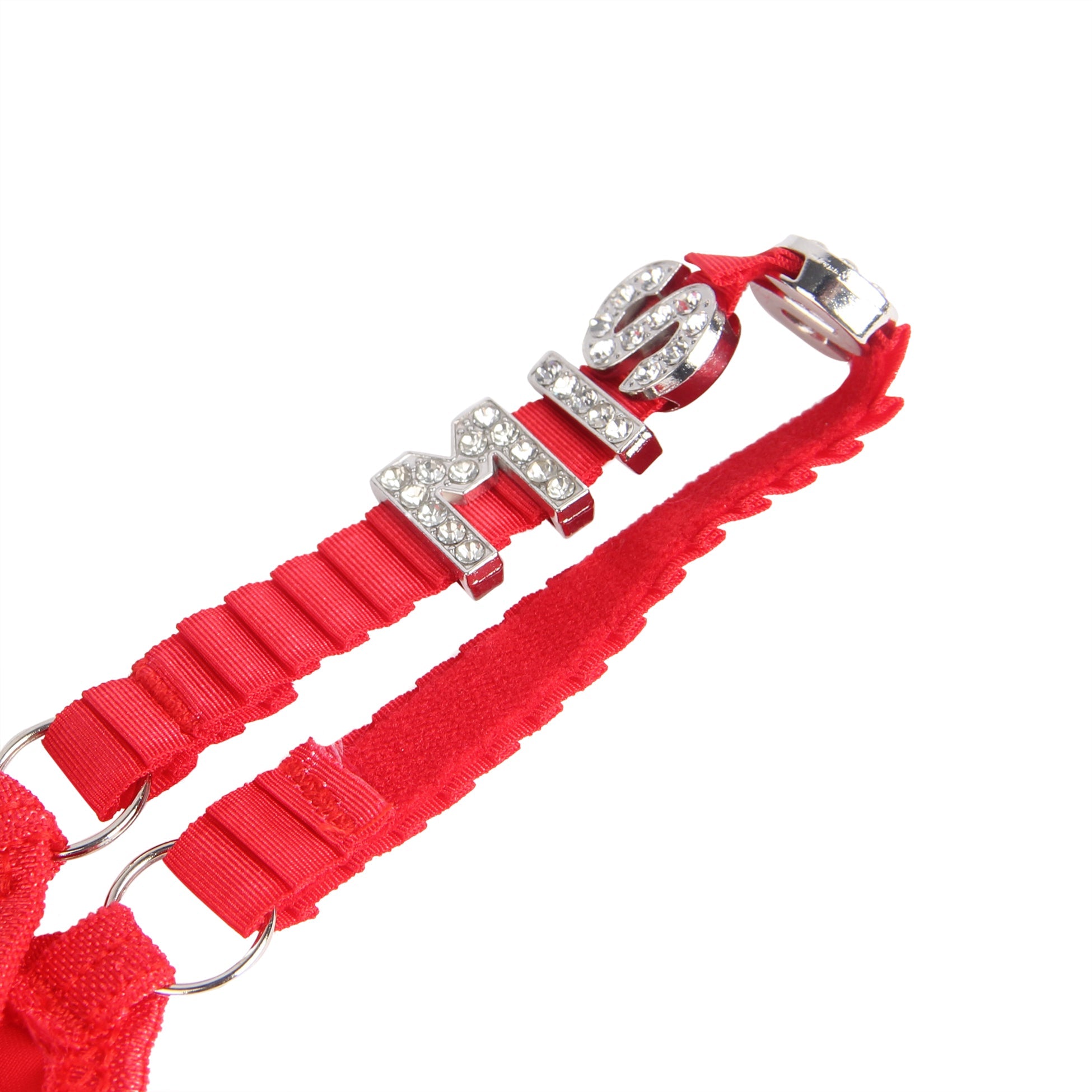 Roter, sexy Badeanzug aus Stoff mit breiten Trägern, Strasssteinen und T-Back-Tanga