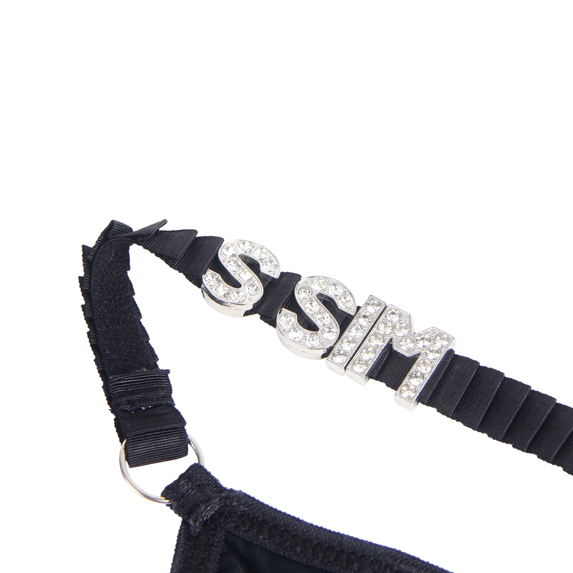 Schwarzer, sexy Badeanzug aus Stoff mit breiten Trägern, Strasssteinen und T-Rücken-Tanga