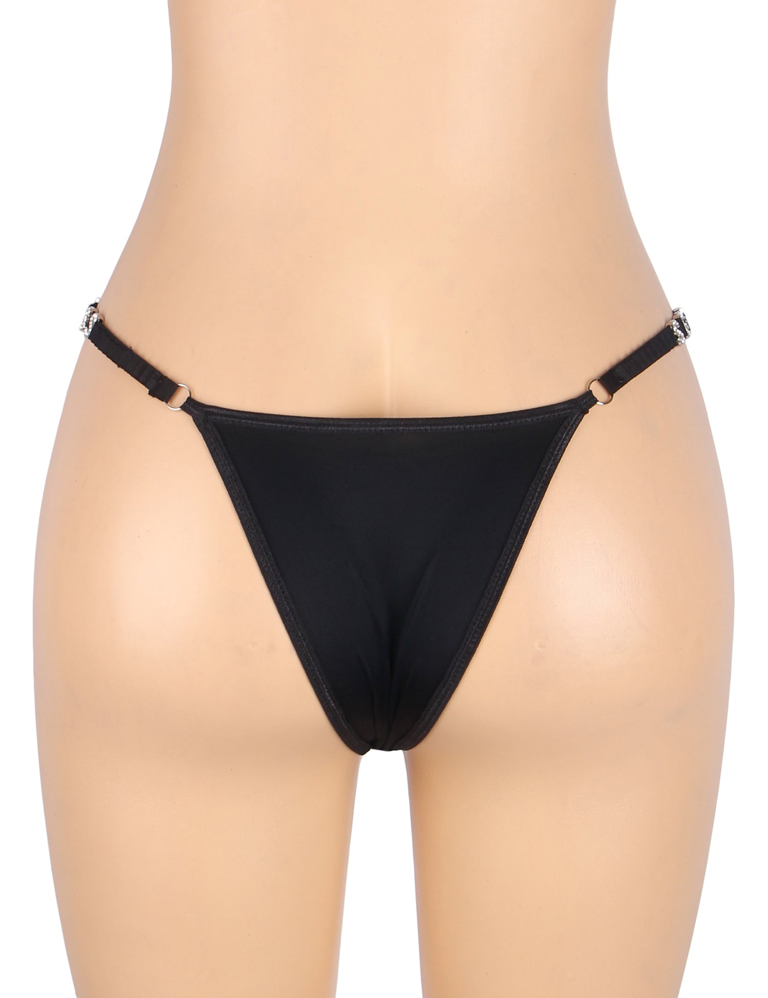 Schwarzer, sexy Badeanzug aus Stoff mit breiten Trägern, Strasssteinen und T-Rücken-Tanga