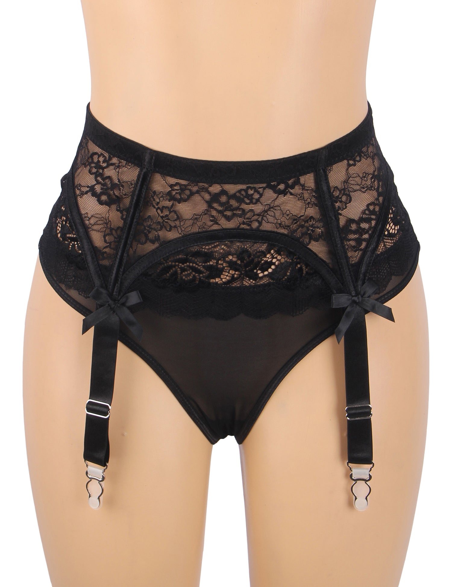 Schwarzer, sexy Strumpfhalter aus Spitze mit Schleife und Metallclips