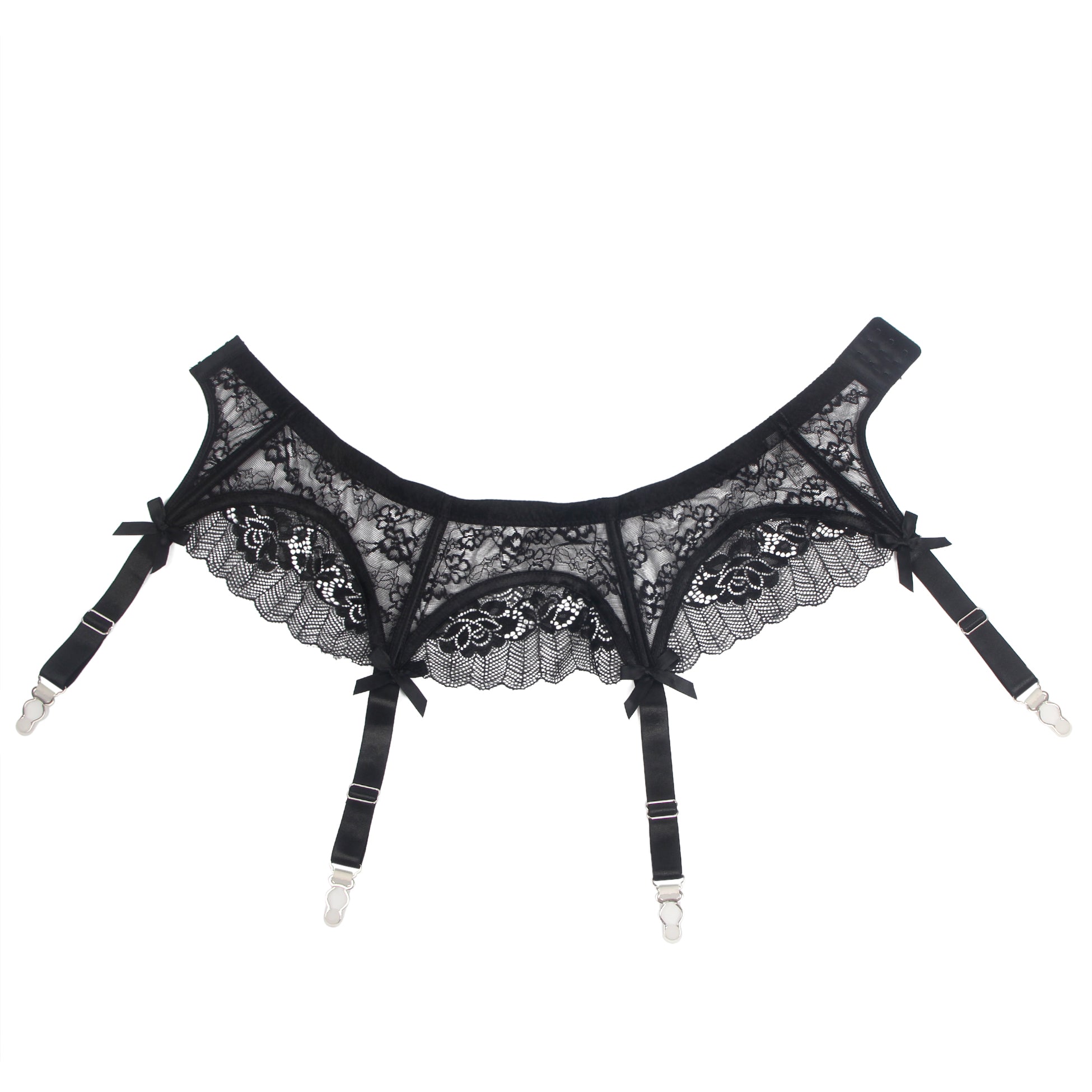 Schwarzer, sexy Strumpfhalter aus Spitze mit Schleife und Metallclips