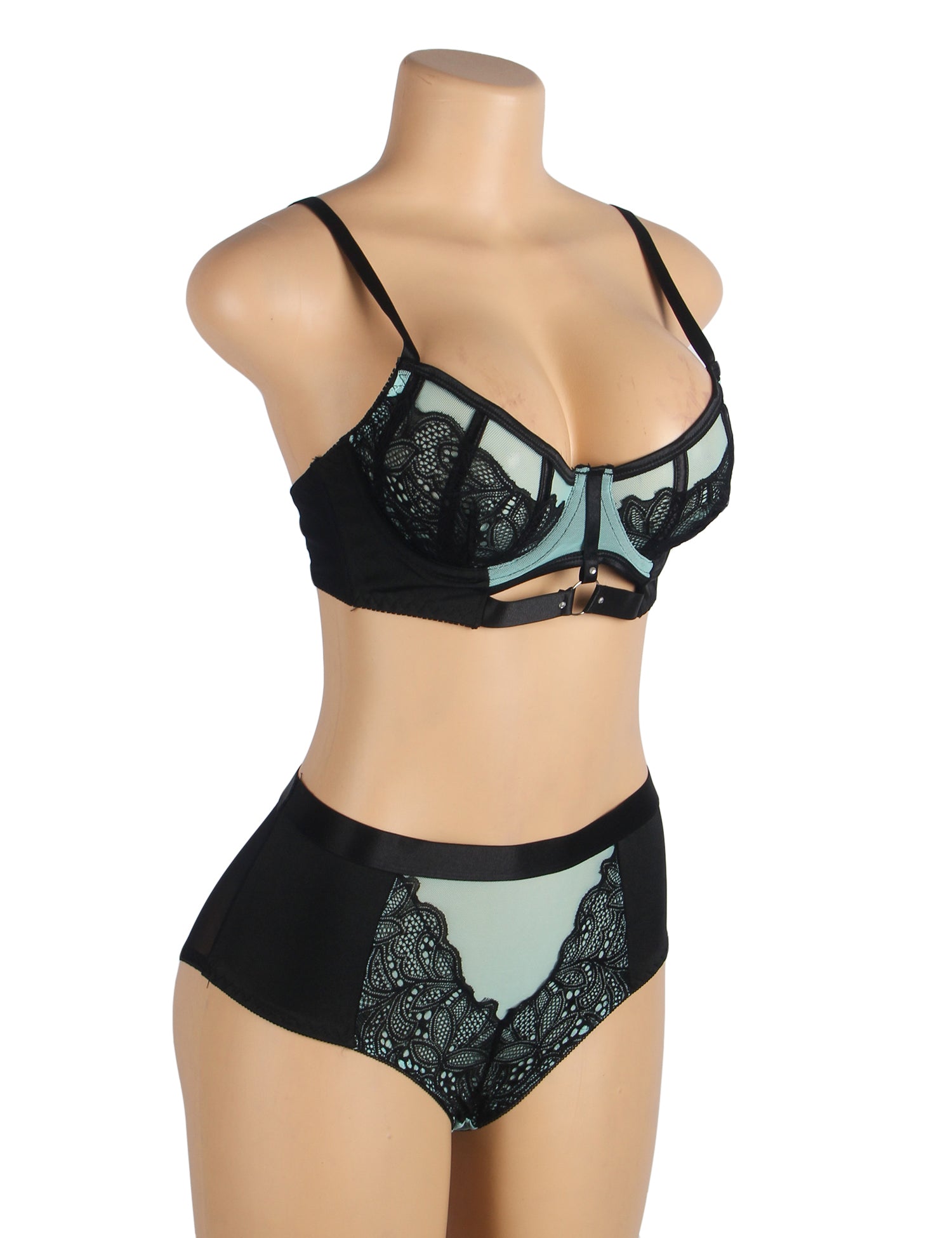 Grünes, sexy Push-up-BH-Set aus Spitze und Mesh