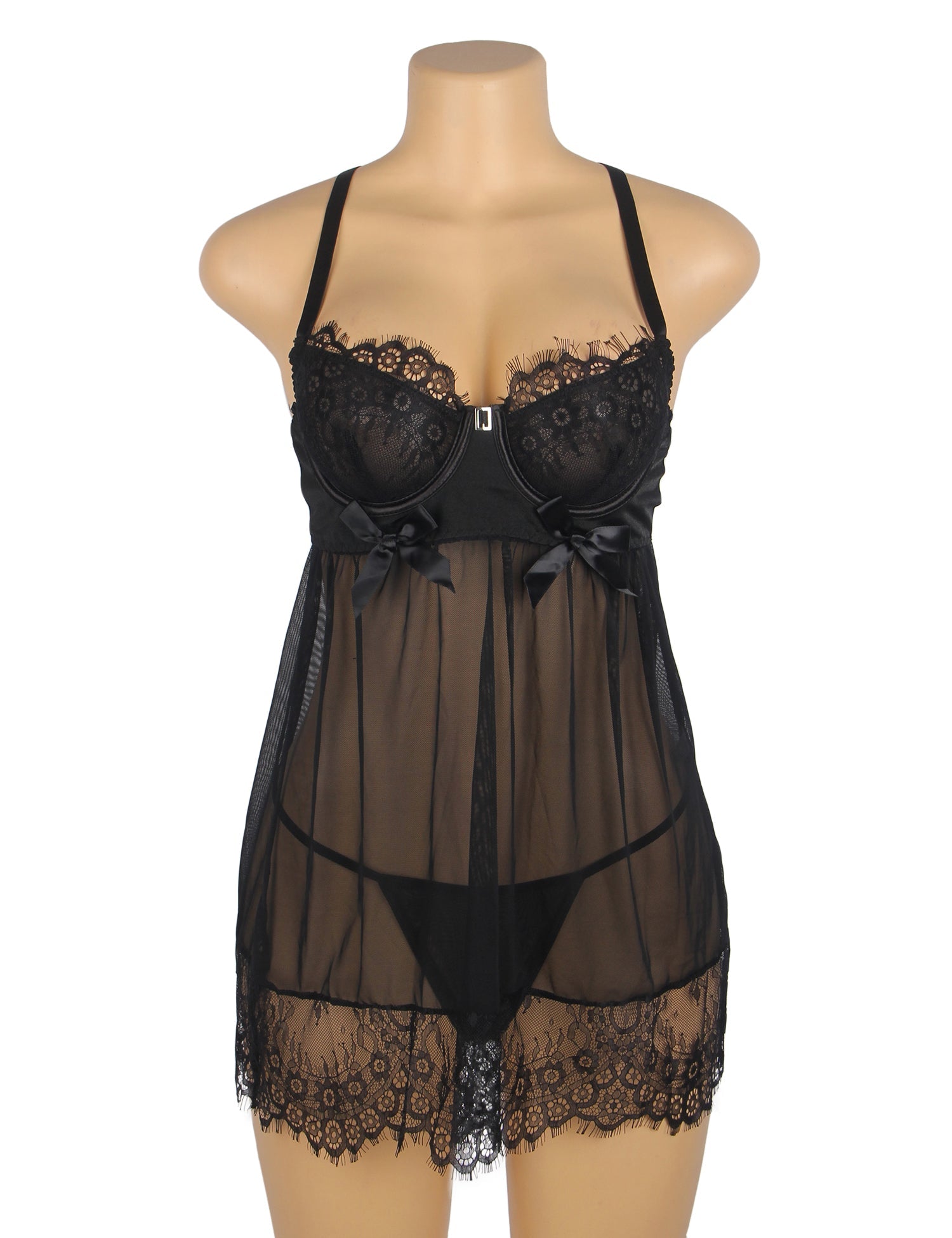 Black Sexy Eyelash Lace Mesh Cross Straps Push Up Nightdress