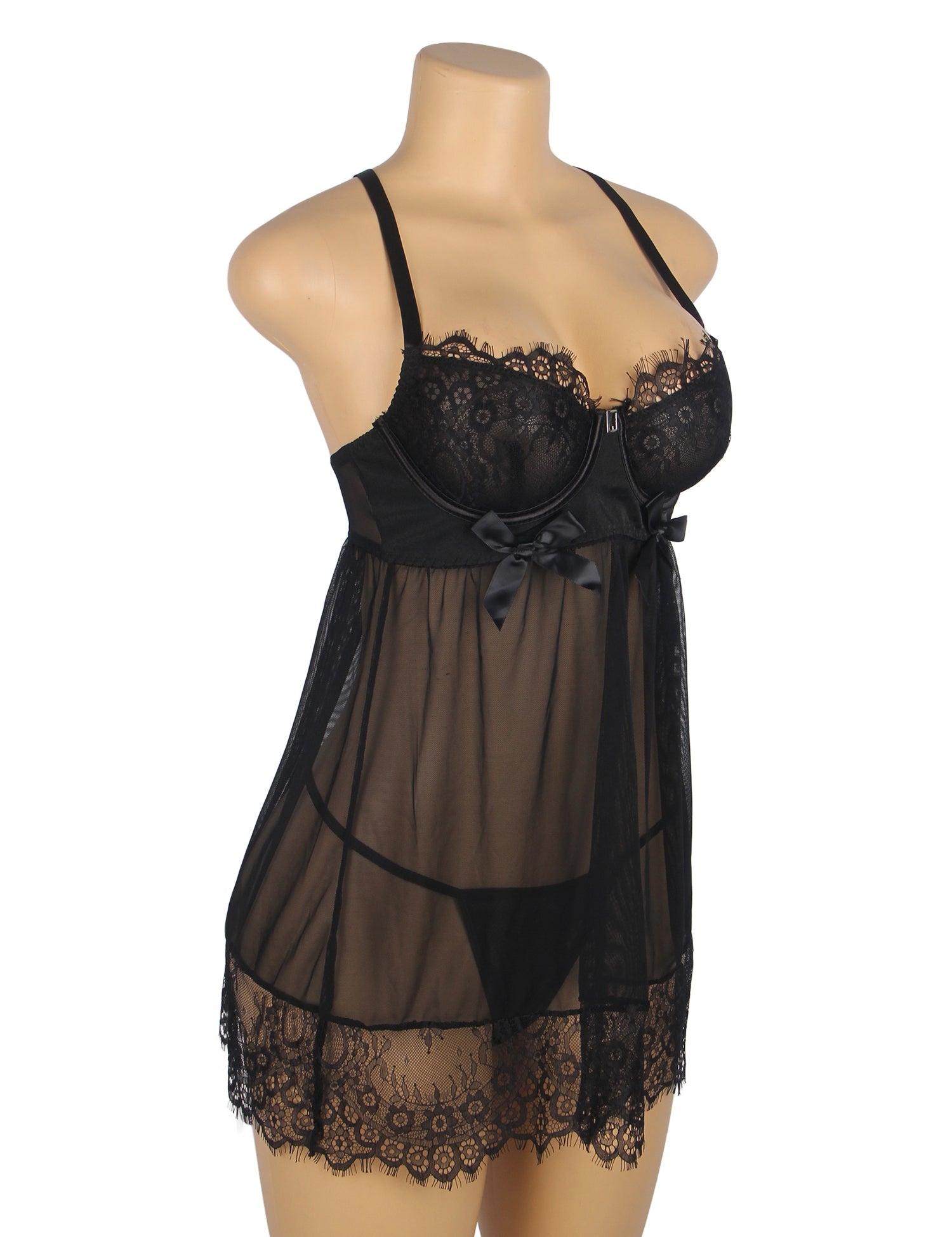 Black Sexy Eyelash Lace Mesh Cross Straps Push Up Nightdress