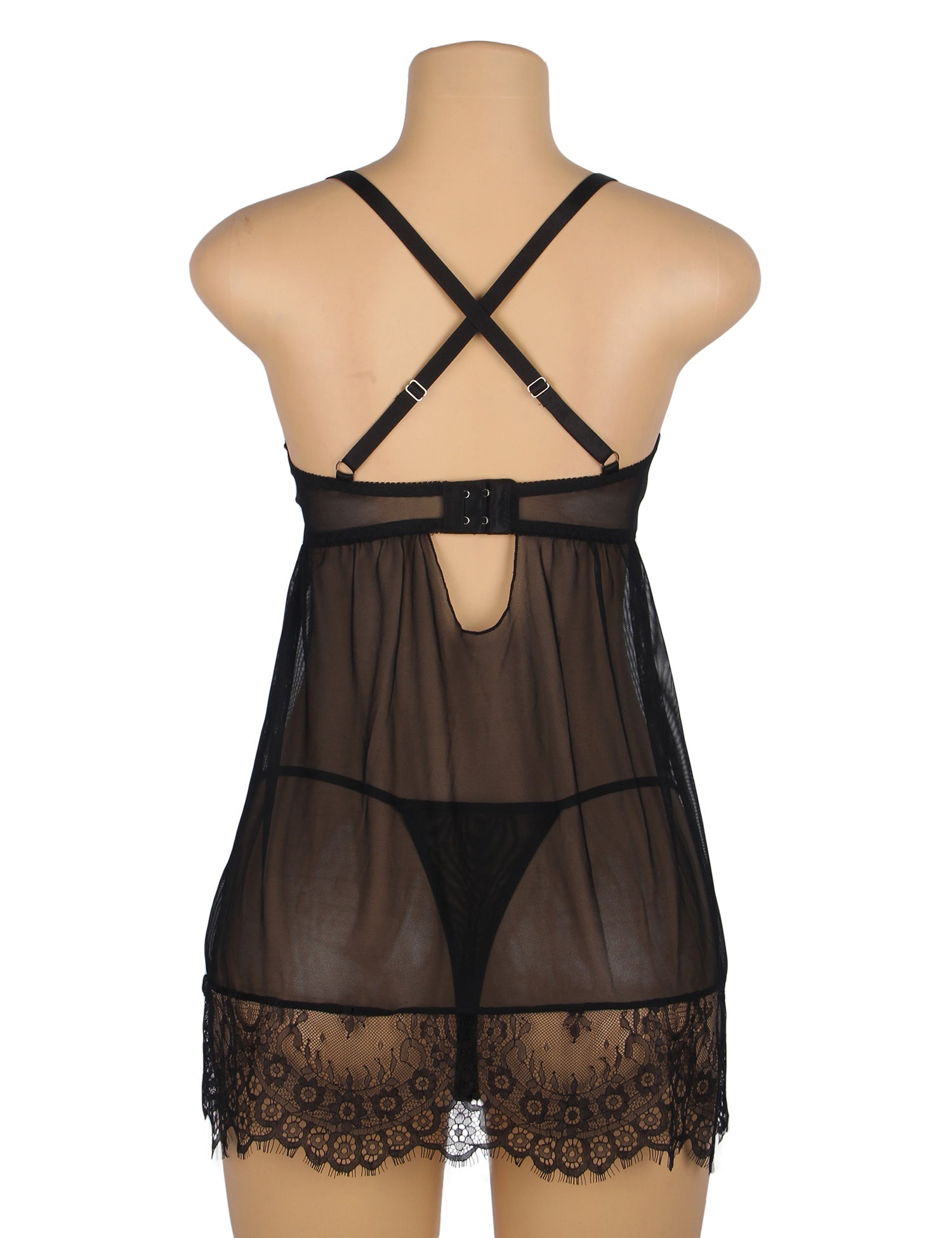 Black Sexy Eyelash Lace Mesh Cross Straps Push Up Nightdress