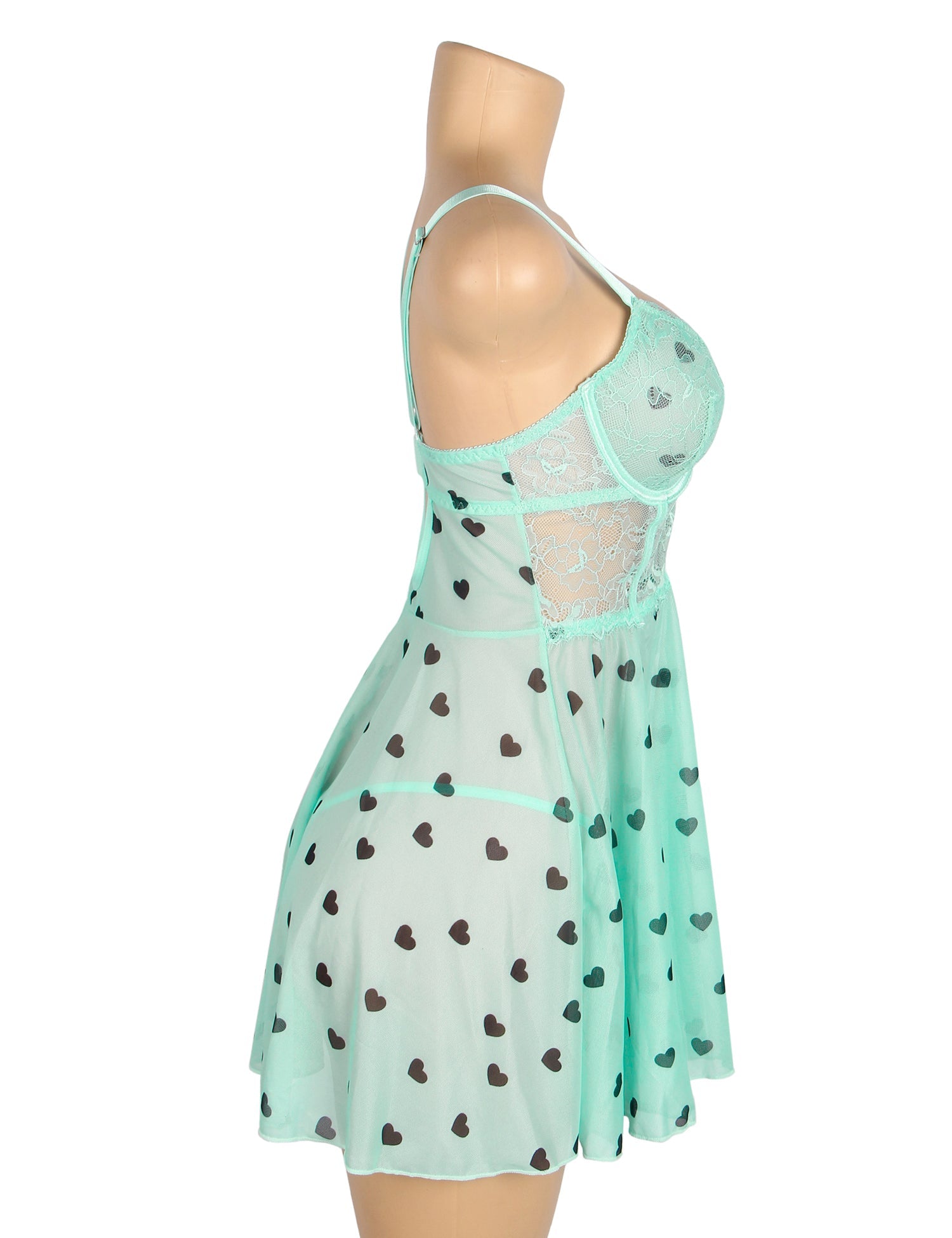 Nuisette push-up en dentelle bleue imprimée cœurs