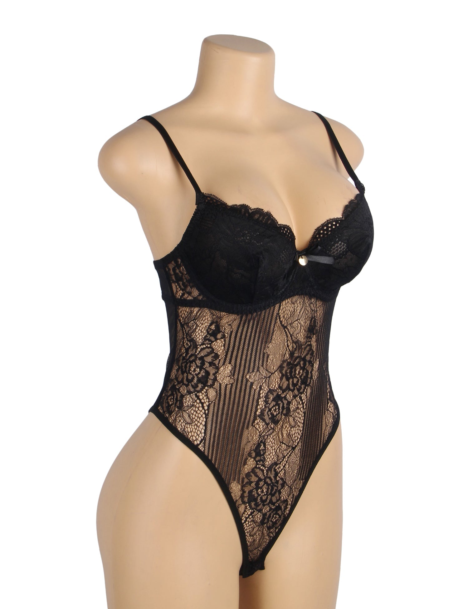 Black Sexy Lace Push Up Open Crotch Bodysuit