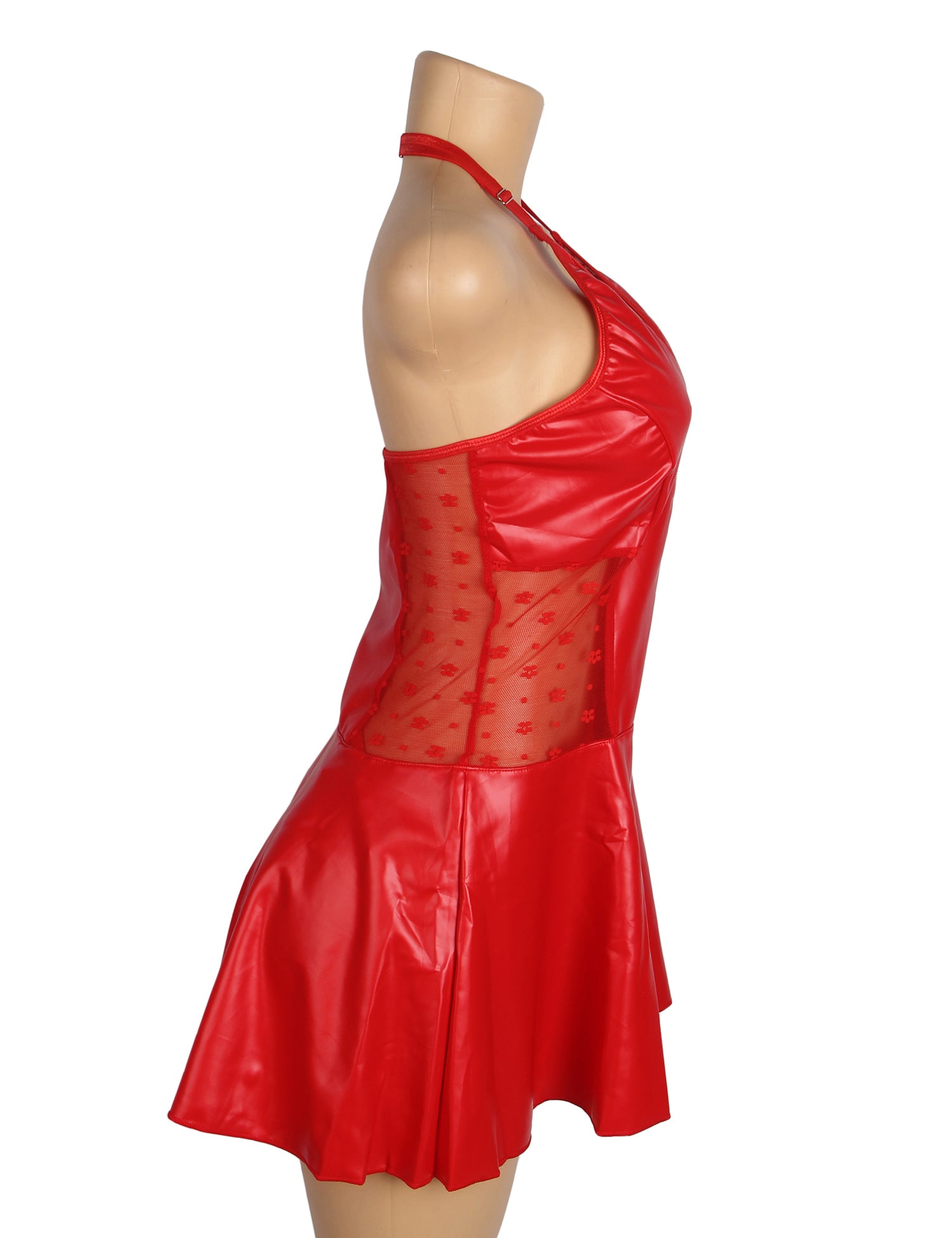 Red PU Leather Lace Sexy Halter Lingerie With Garter Belt