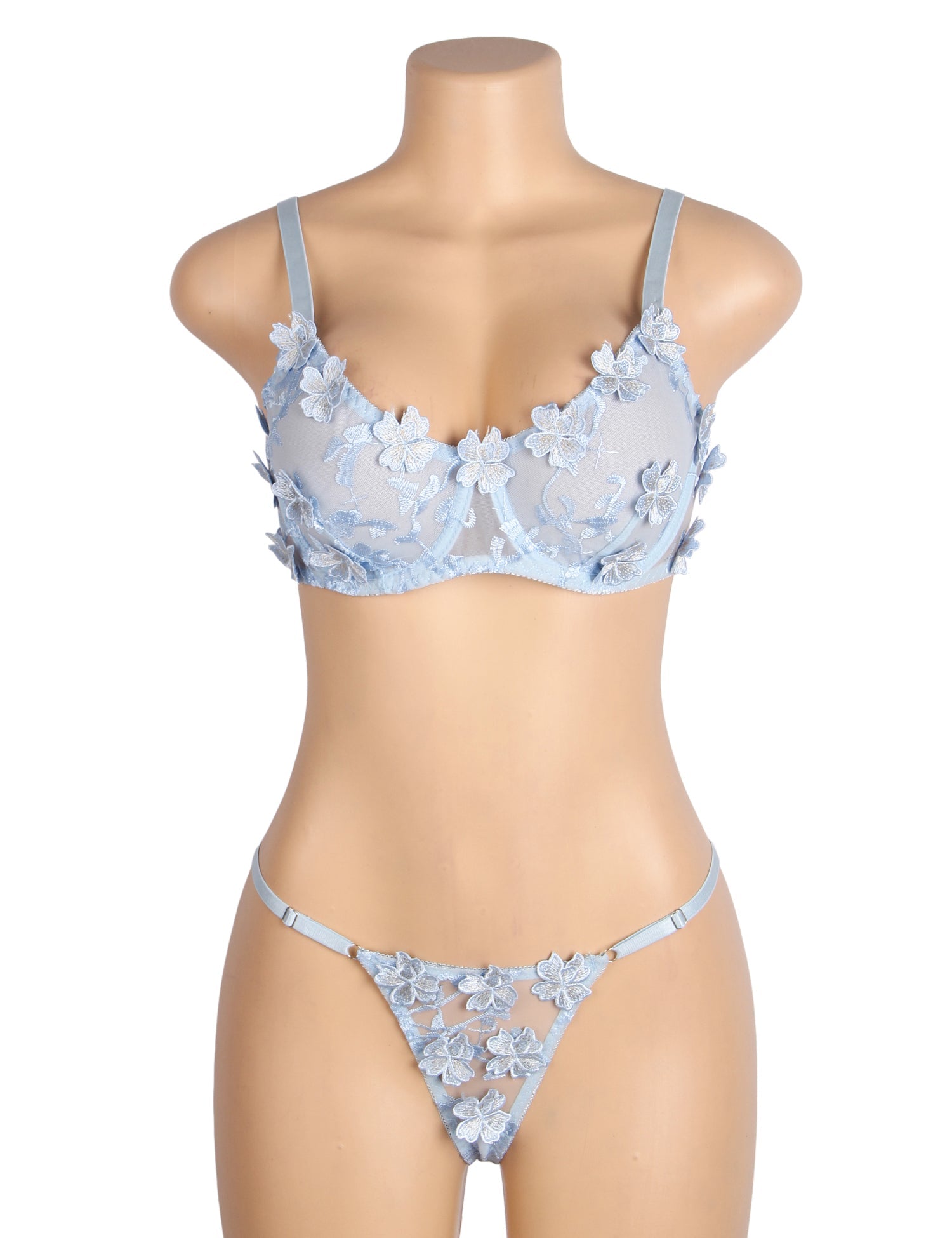 Ensemble soutien-gorge et soutien-gorge en dentelle bleue sexy à broderie florale et maille ajourée