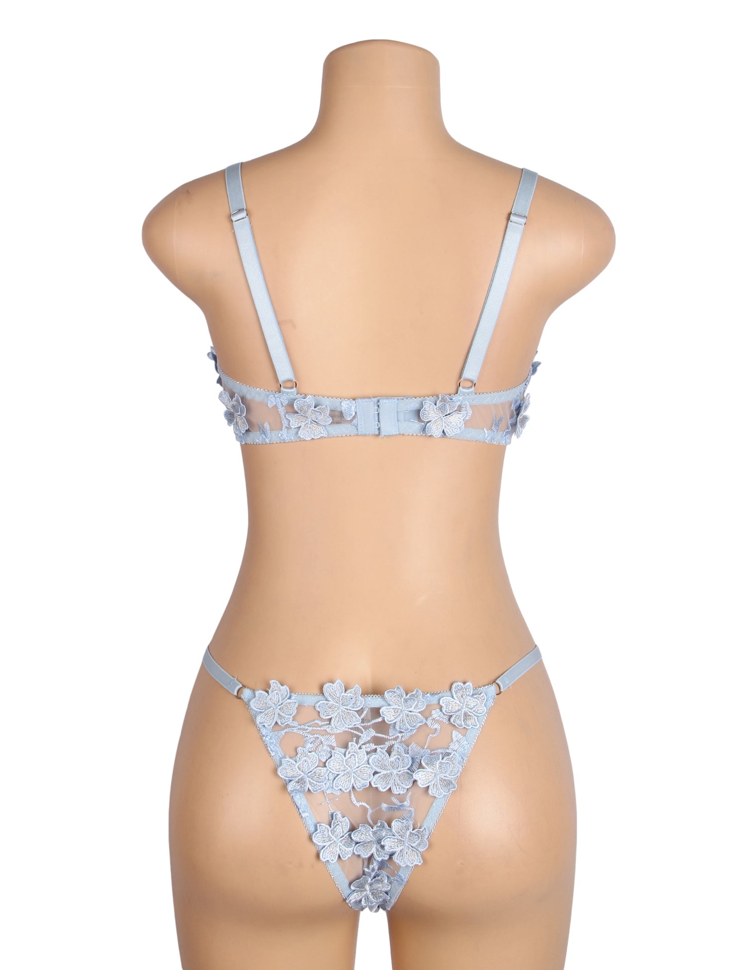 Ensemble soutien-gorge et soutien-gorge en dentelle bleue sexy à broderie florale et maille ajourée
