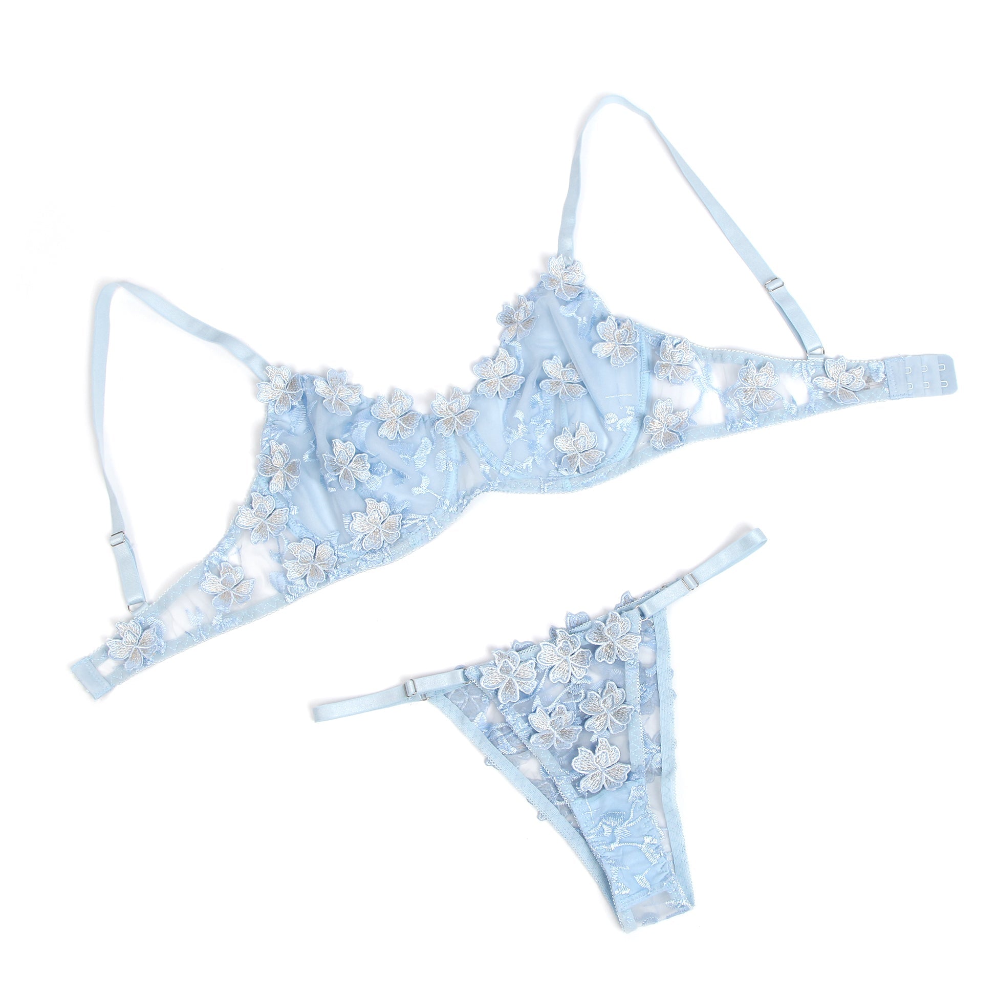 Ensemble soutien-gorge et soutien-gorge en dentelle bleue sexy à broderie florale et maille ajourée