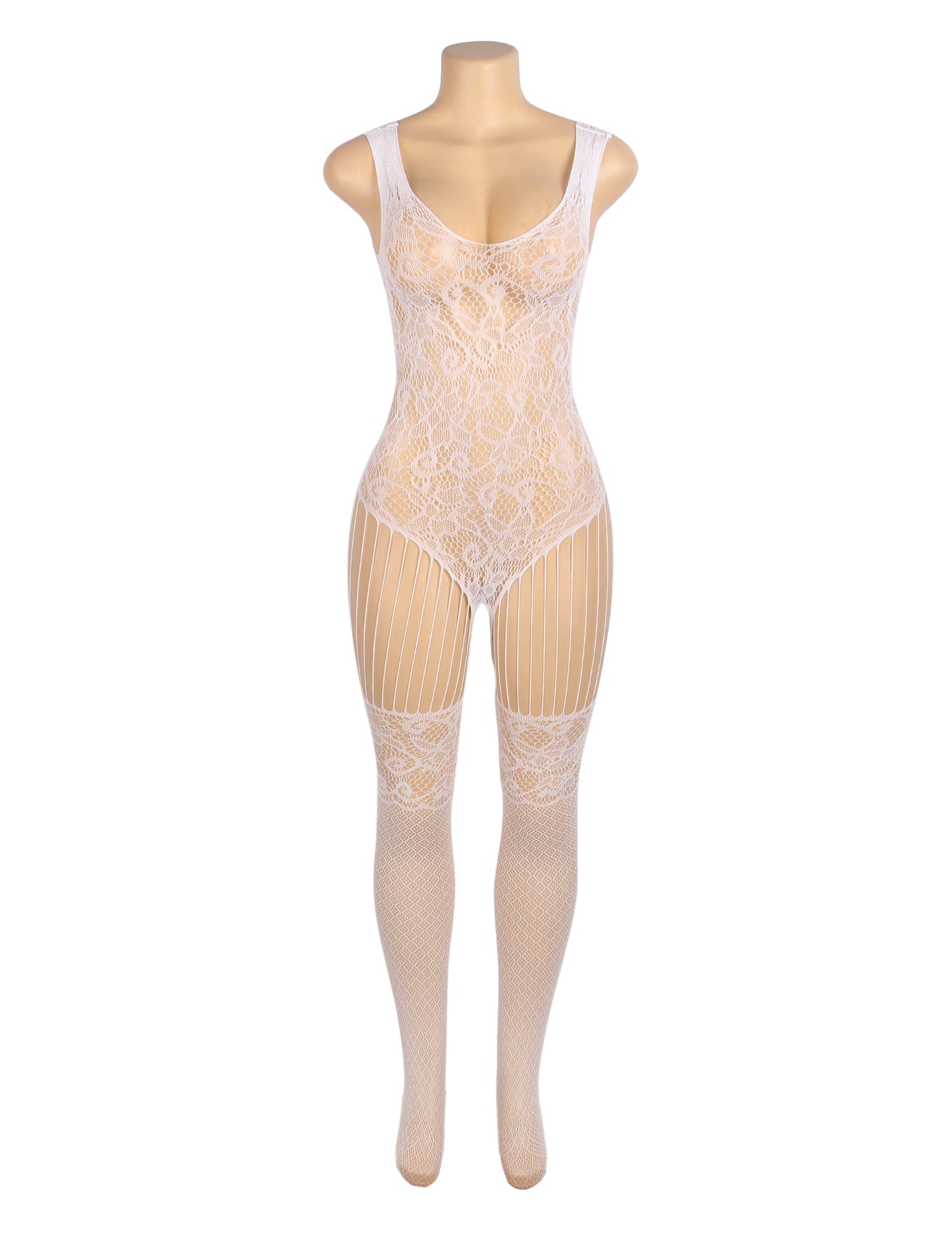 Weißer, sexy Jacquard-Body mit leuchtendem, offenem Schritt