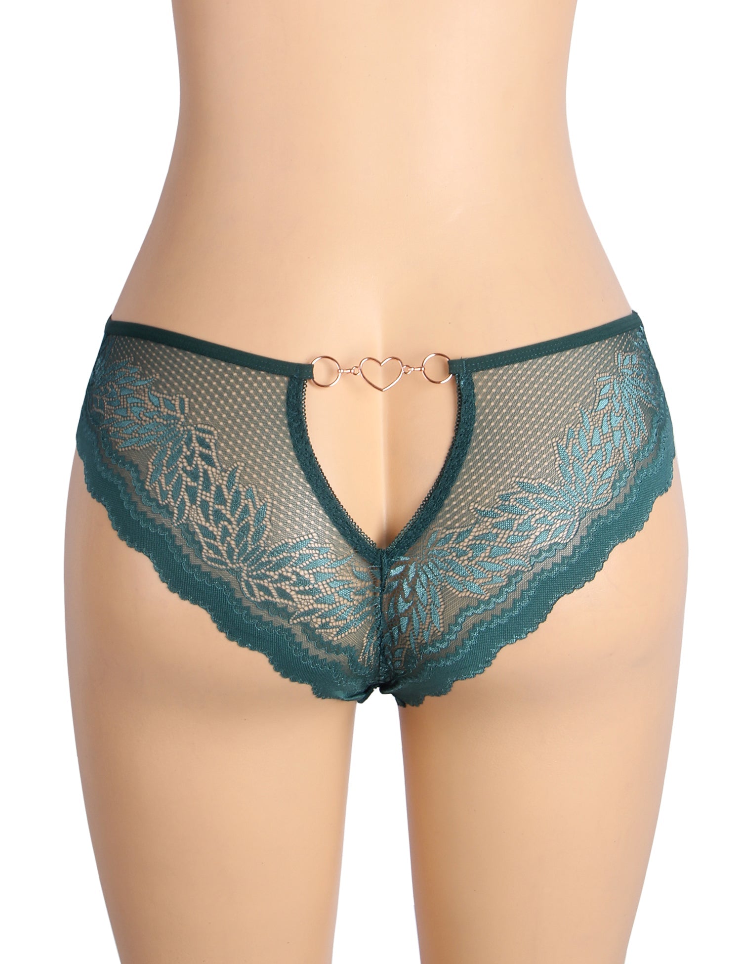 Grüner, sexy Damen-Slip mit Metallherz-Spitze und Lochmuster