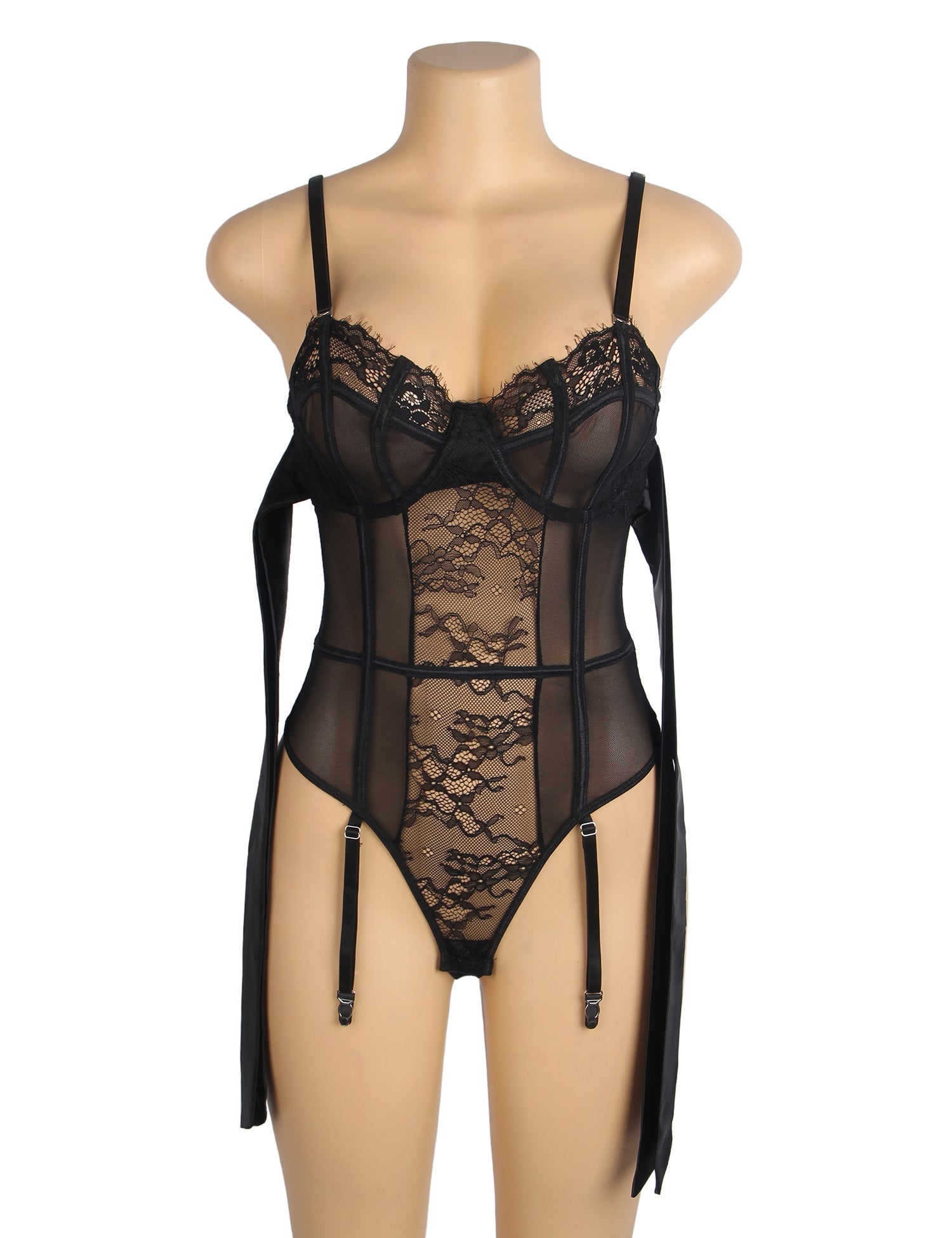 Black Sexy Lace Crotchless Garter Bodysuit