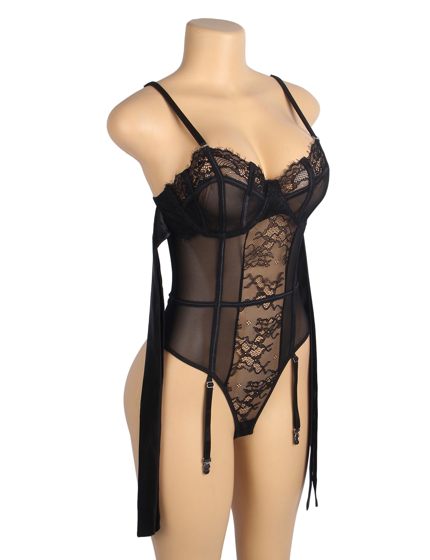 Black Sexy Lace Crotchless Garter Bodysuit