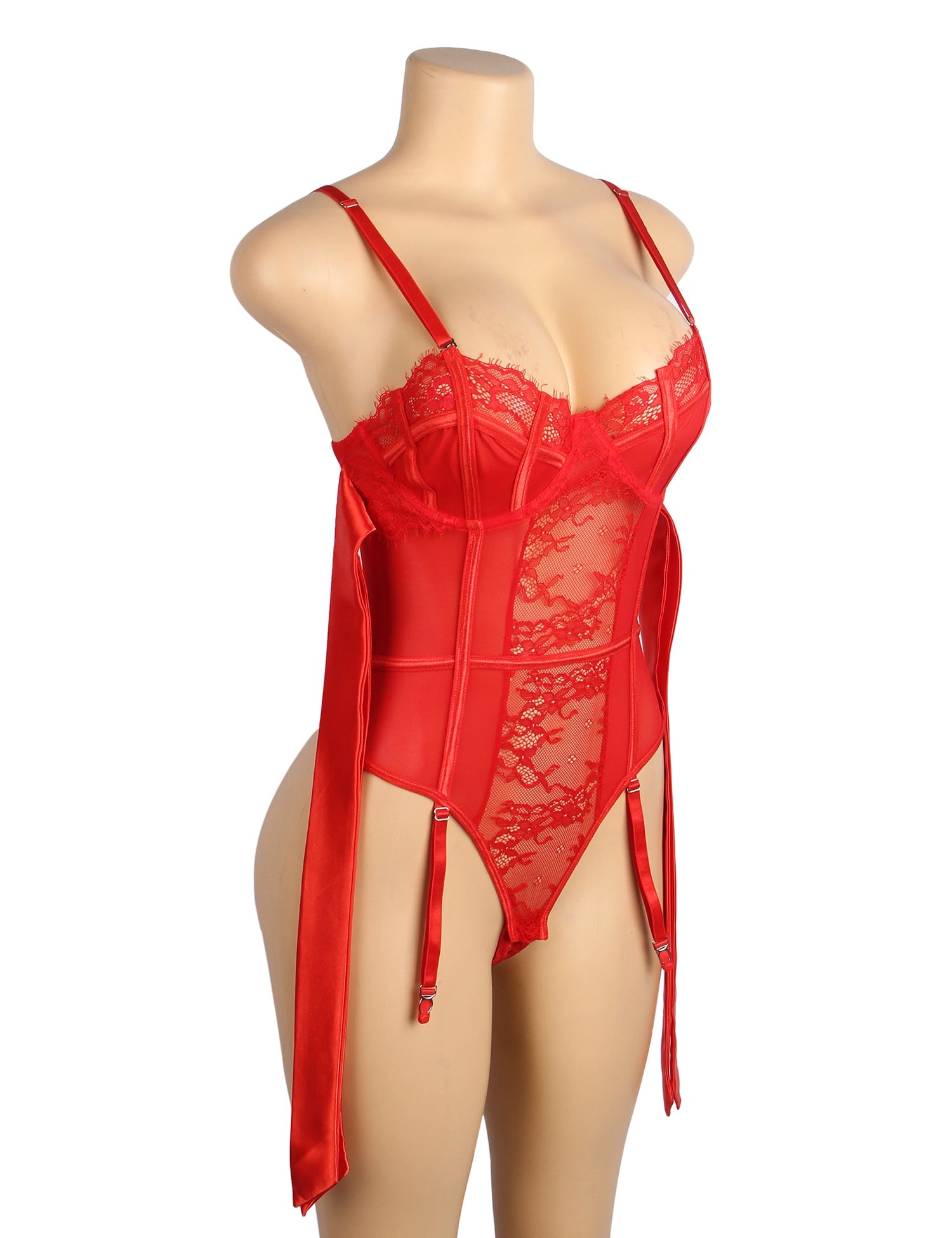 Red Sexy Lace Crotchless Garter Bodysuit