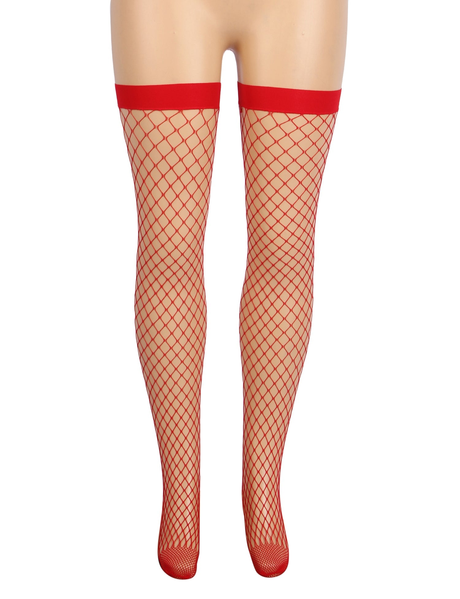 Bas résille rouges sexy à mailles moyennes et bord anti-roulis