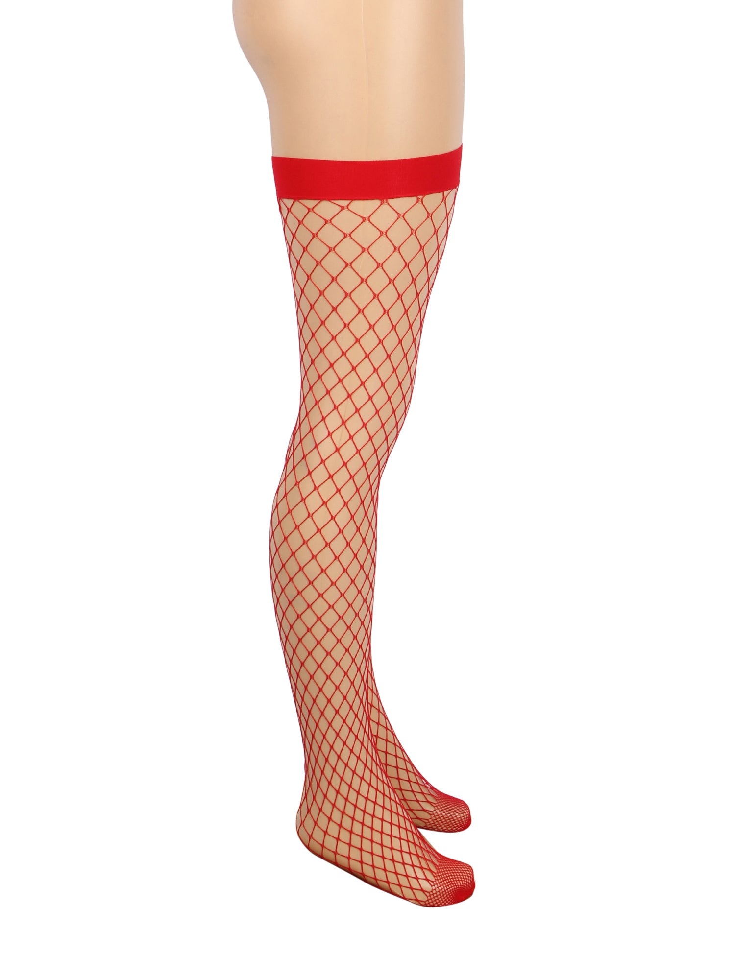 Bas résille rouges sexy à mailles moyennes et bord anti-roulis