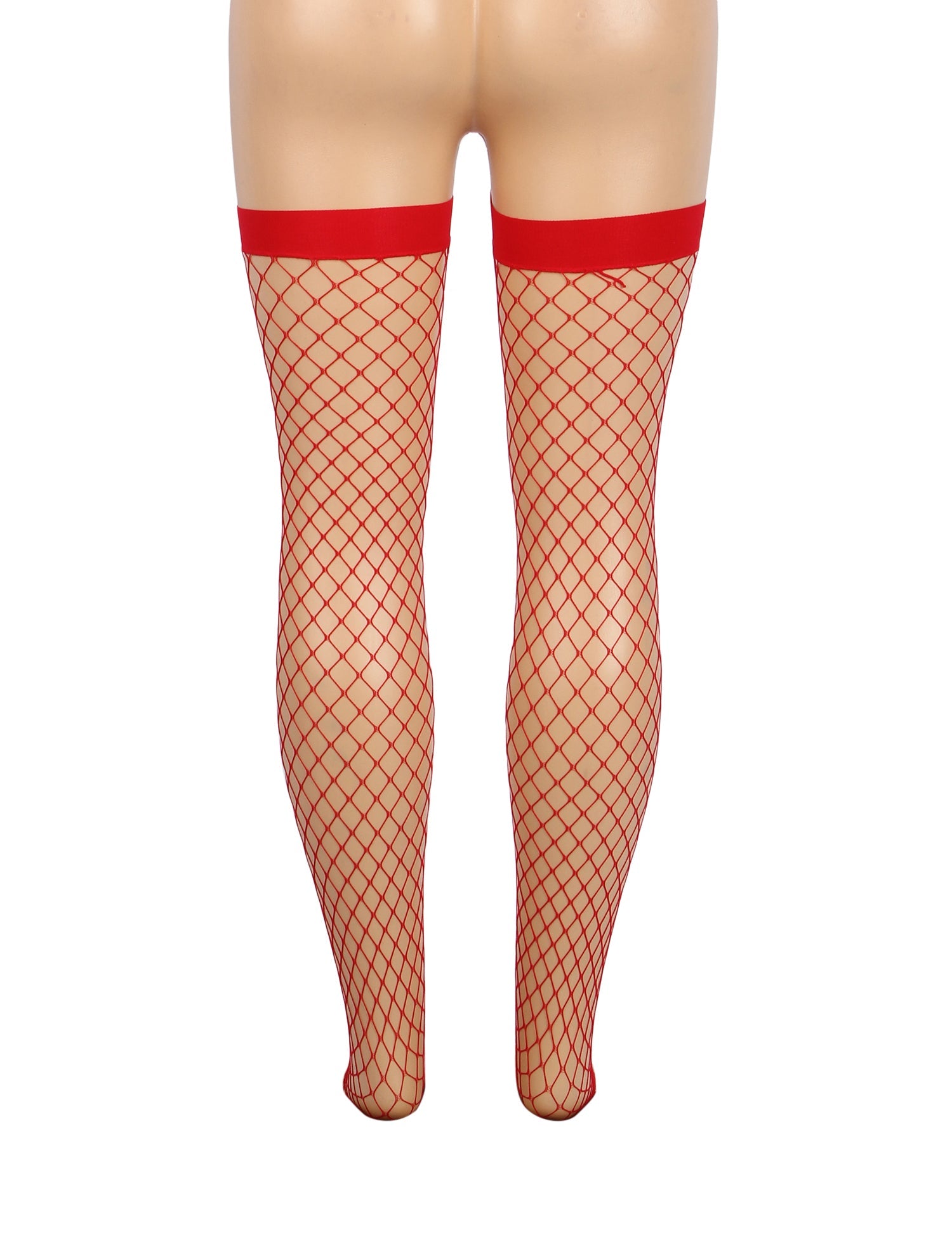 Bas résille rouges sexy à mailles moyennes et bord anti-roulis
