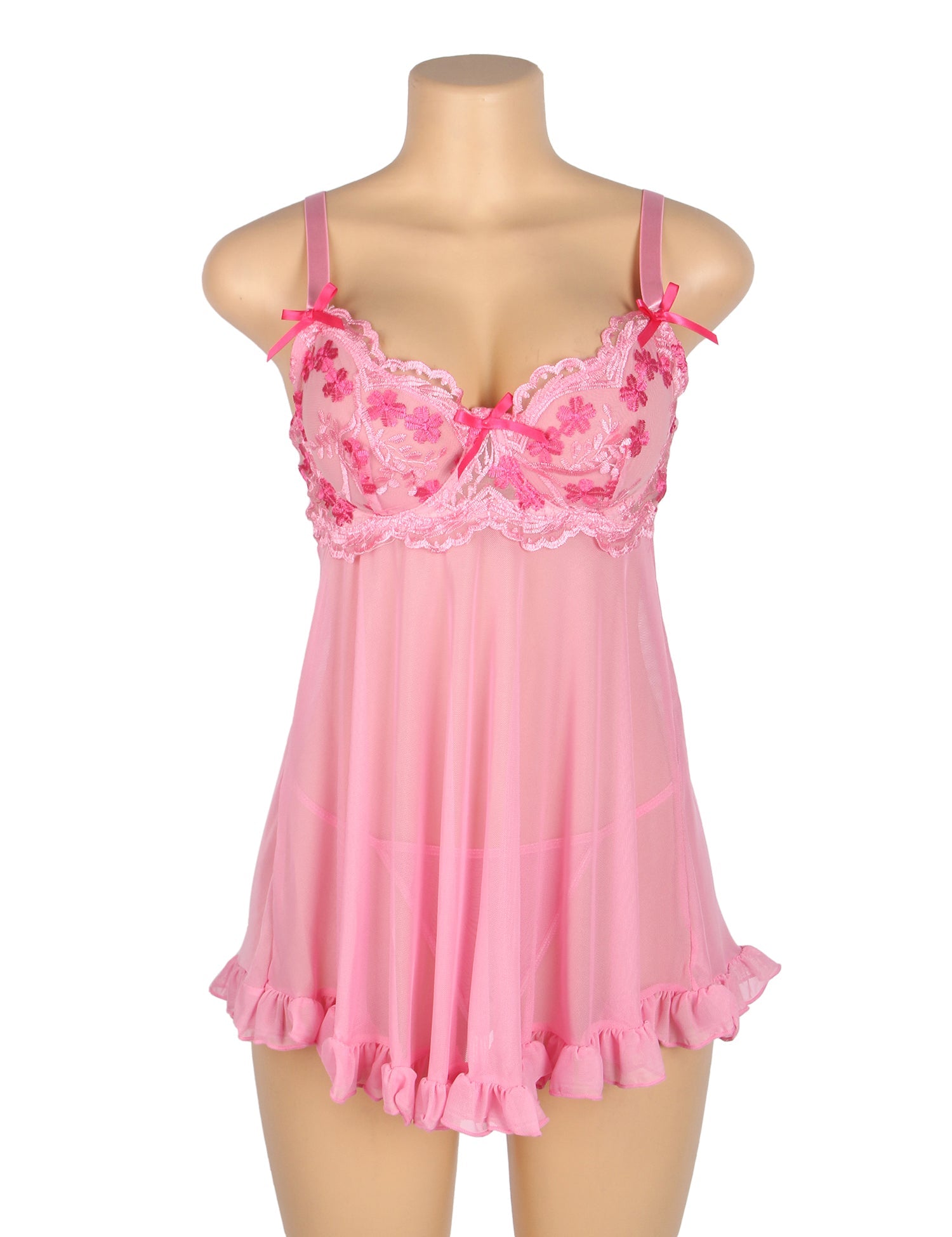 Pink Sexy Mesh Embroidery Lace Lift Bra Suspender Nightdress