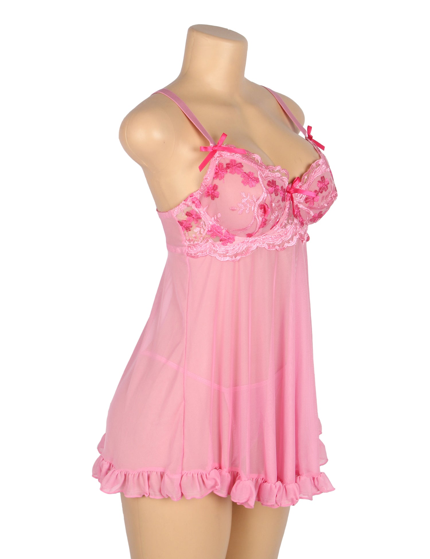 Pink Sexy Mesh Embroidery Lace Lift Bra Suspender Nightdress