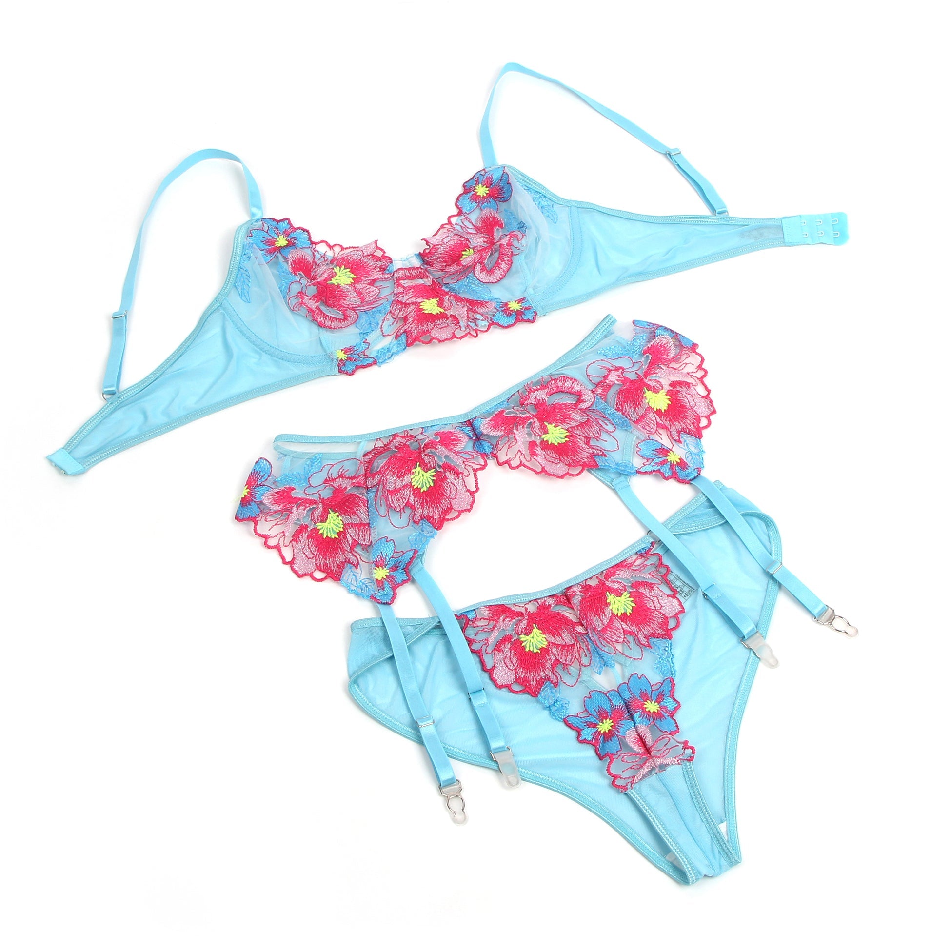 Ensemble soutien-gorge et porte-jarretelles en maille bleue sexy à motif floral gaufré