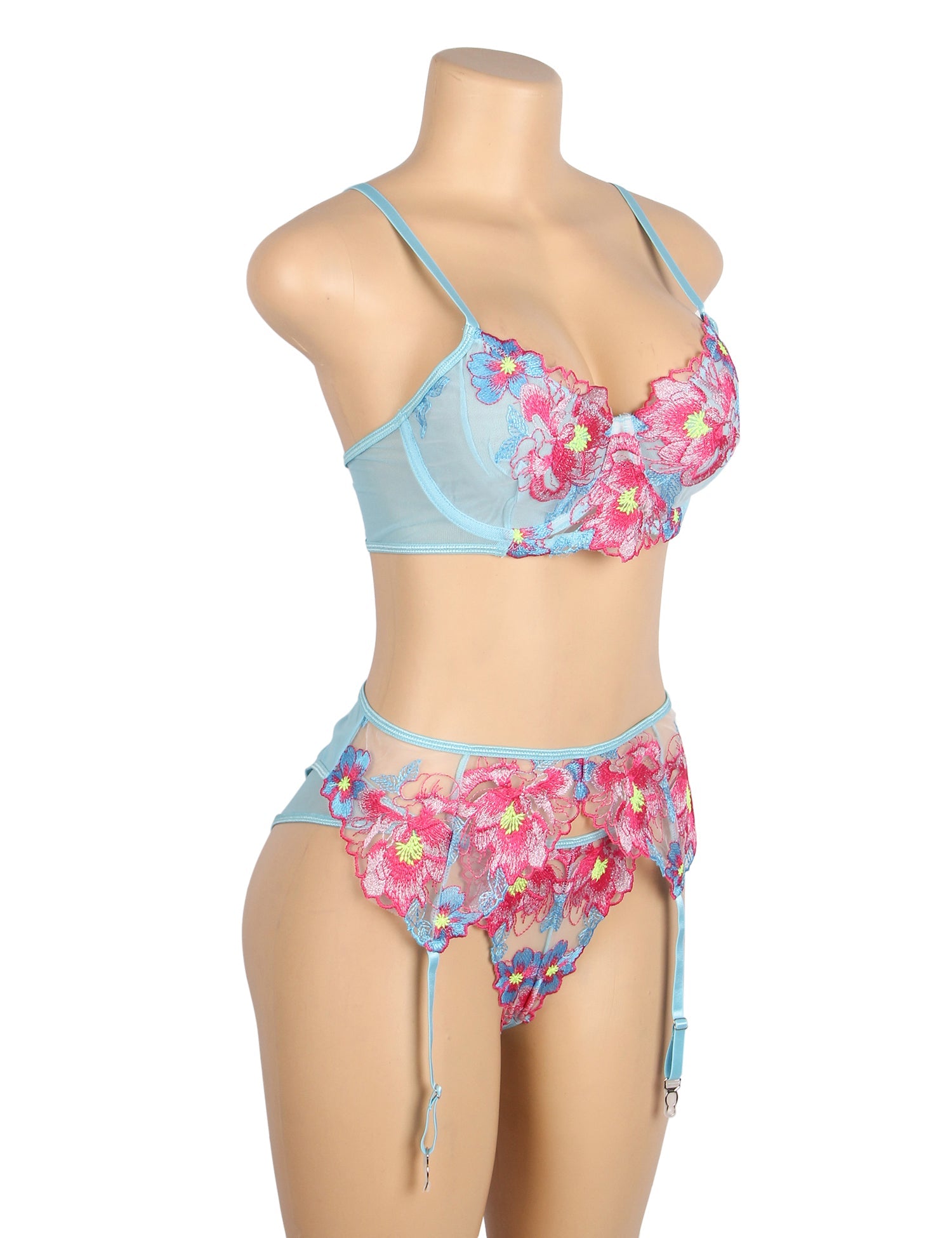 Ensemble soutien-gorge et porte-jarretelles en maille bleue sexy à motif floral gaufré