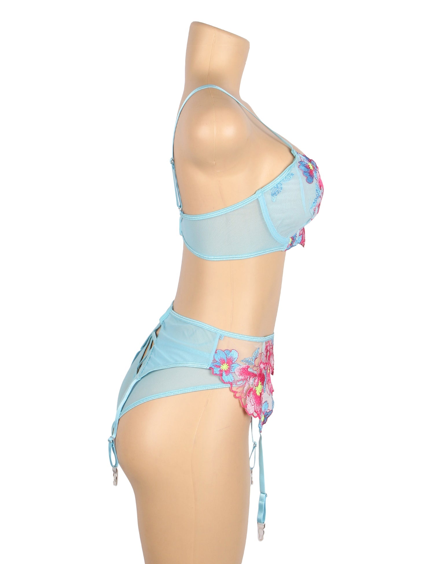 Ensemble soutien-gorge et porte-jarretelles en maille bleue sexy à motif floral gaufré