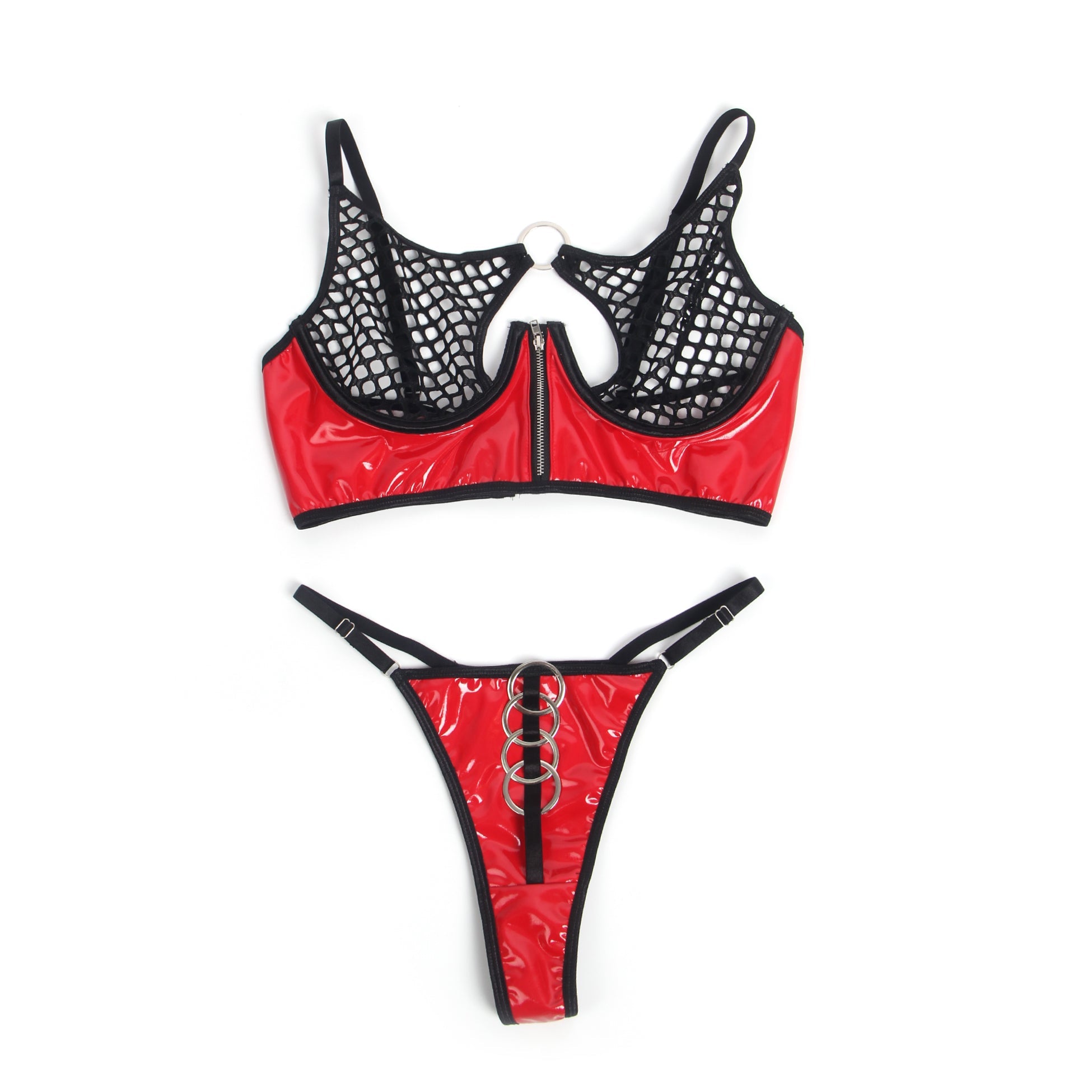 Ensemble soutien-gorge et brassière en cuir verni rouge sexy avec fermeture éclair