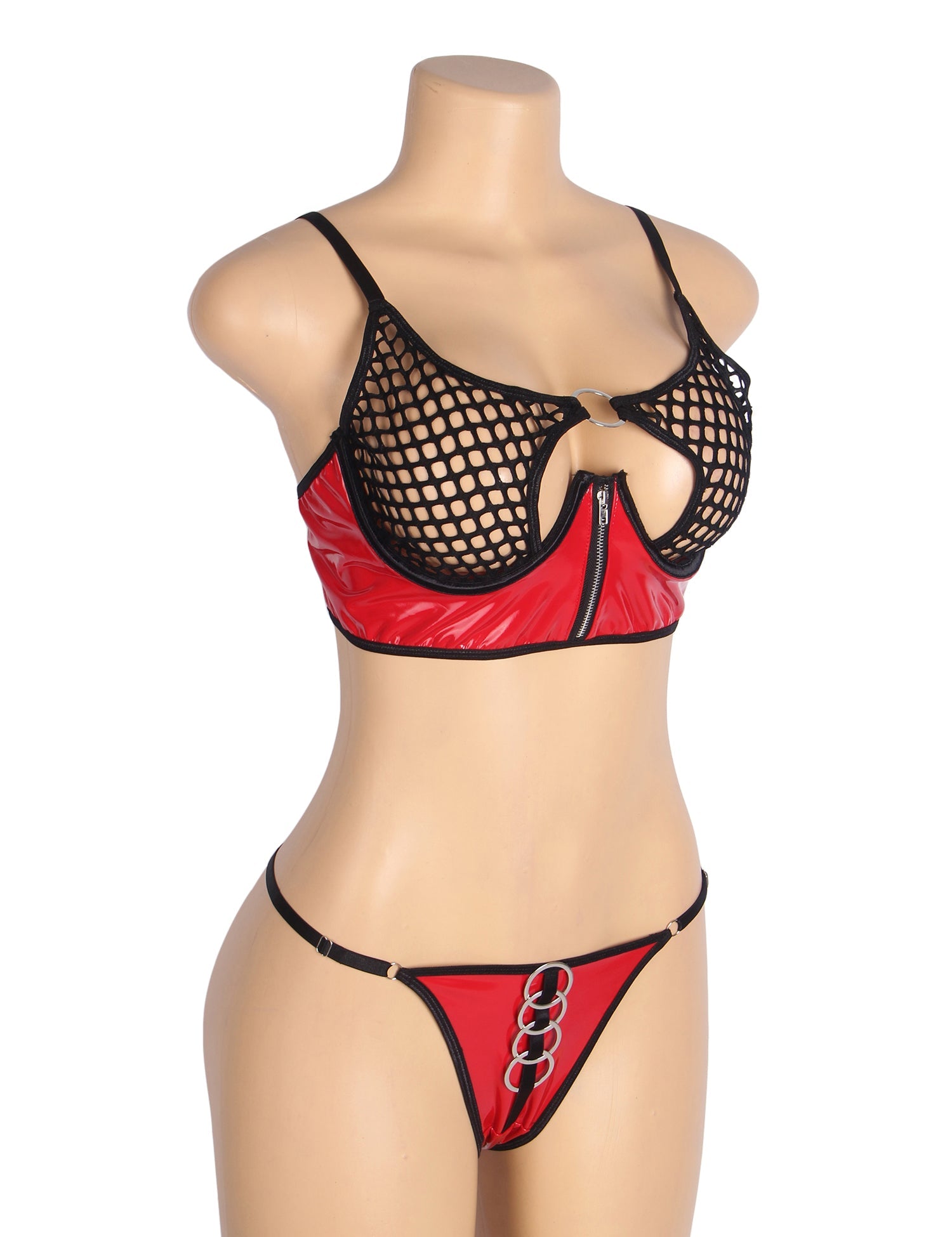 Ensemble soutien-gorge et brassière en cuir verni rouge sexy avec fermeture éclair
