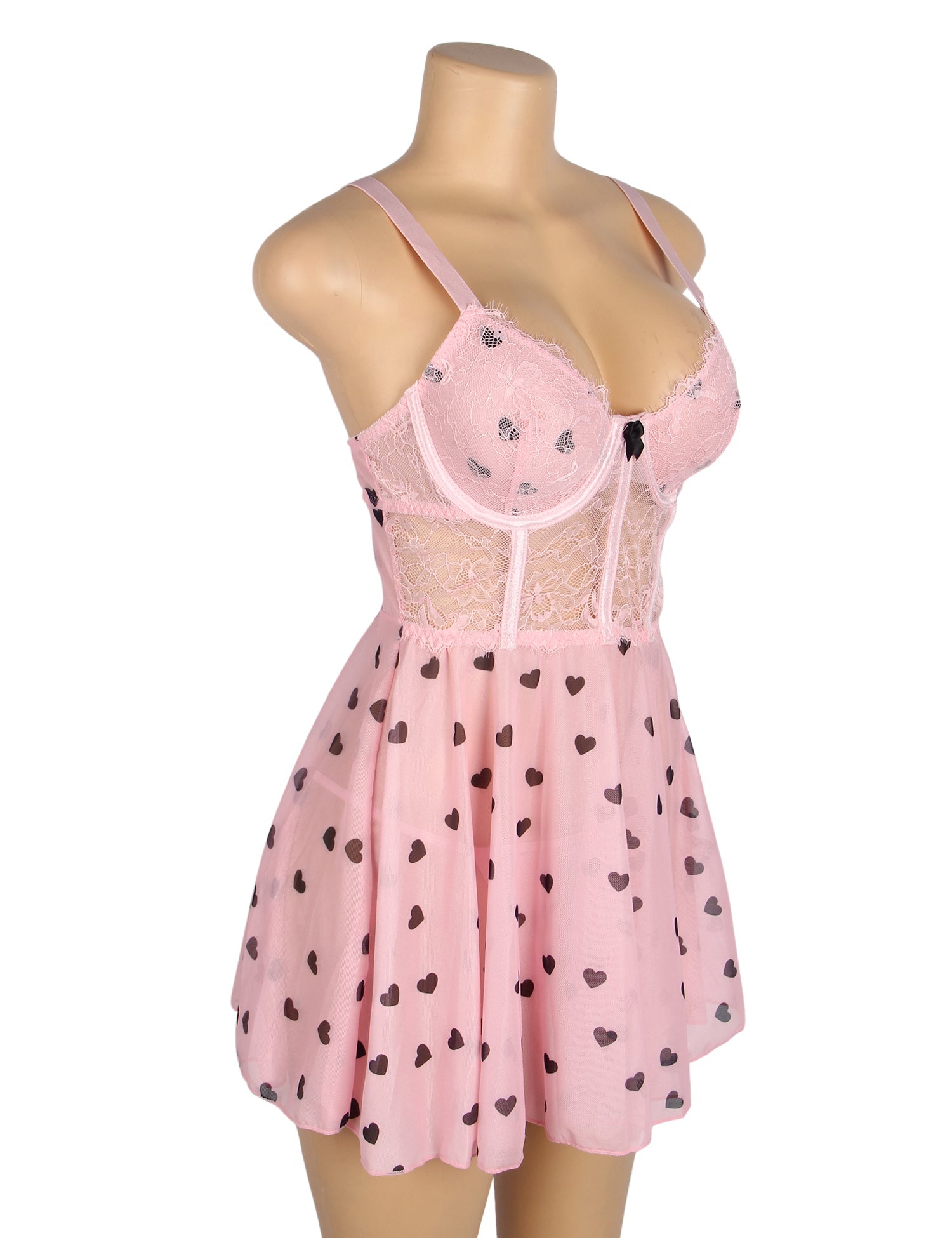 Rosa sexy Nachthemd aus Spitze mit Herzmuster und Push-up-Effekt