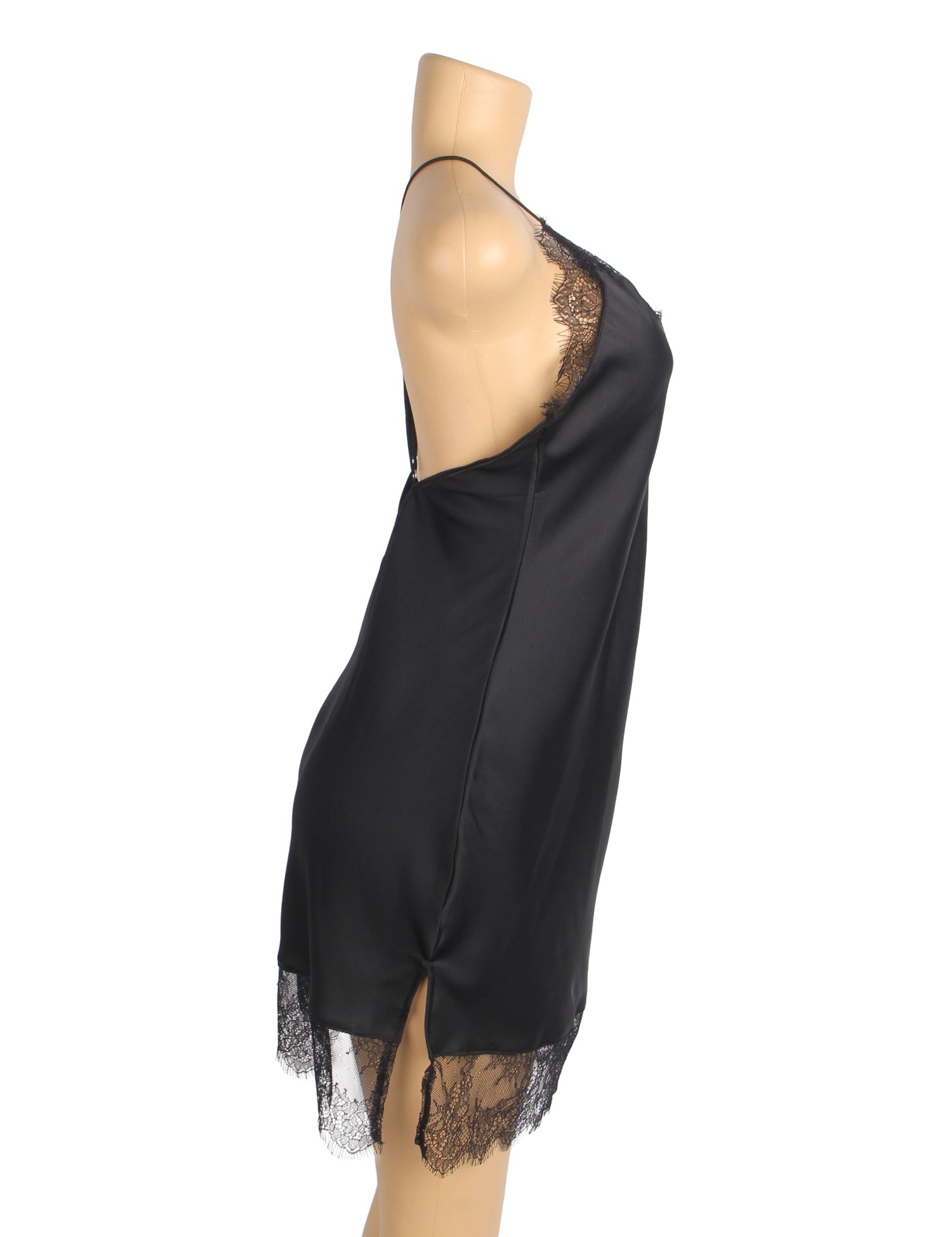 Schwarzes, sexy Satin-Nachthemd mit Wimpernspitze und Strumpfhaltern