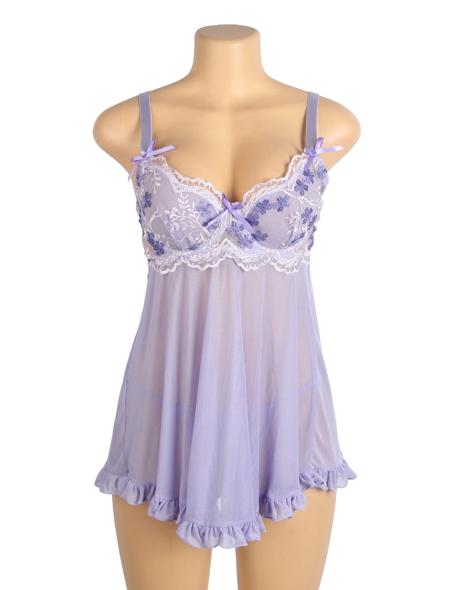 Purple Sexy Mesh Embroidery Lace Lift Bra Suspender Nightdress
