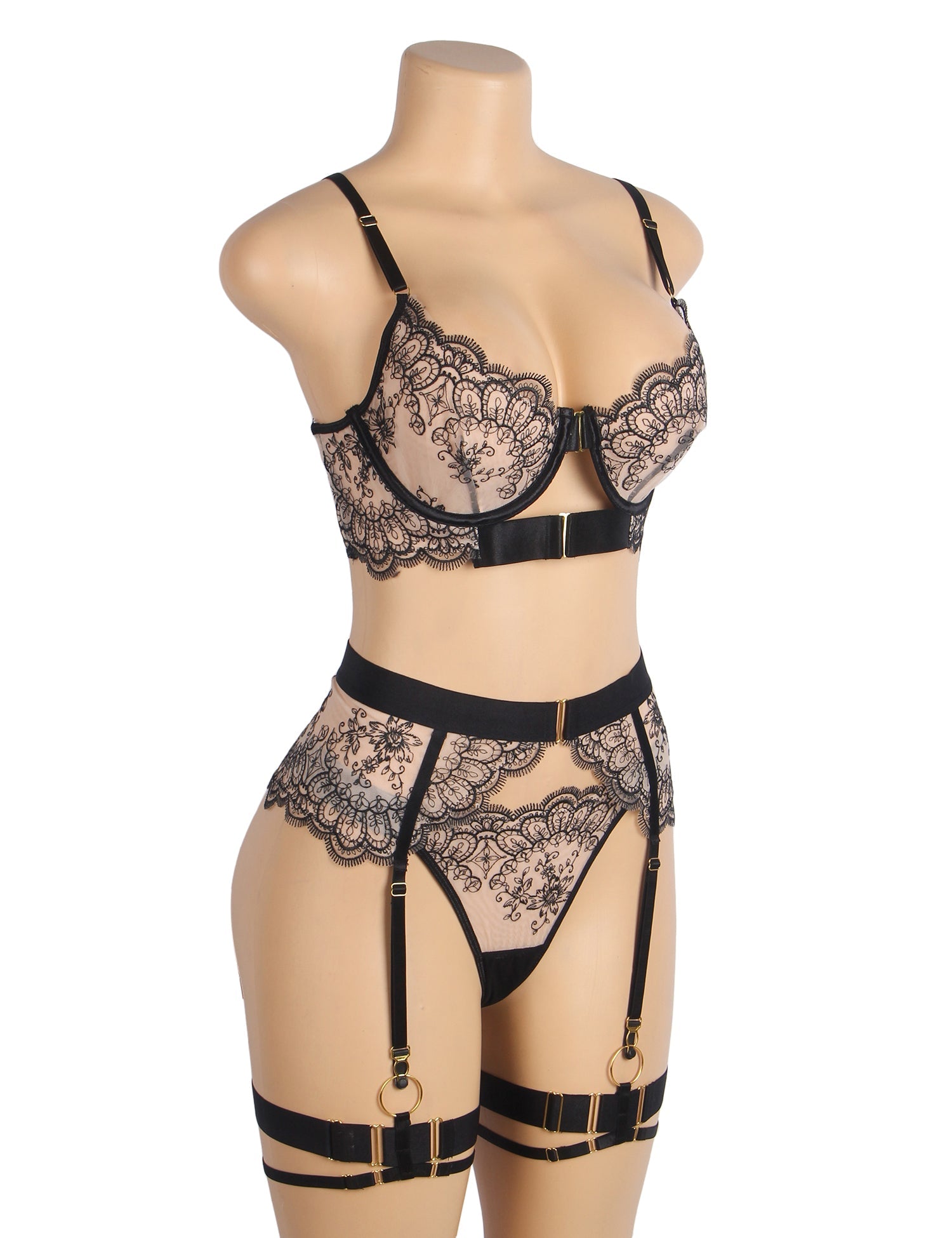 Ensemble soutien-gorge jarretière en dentelle brodée et résille noire sexy