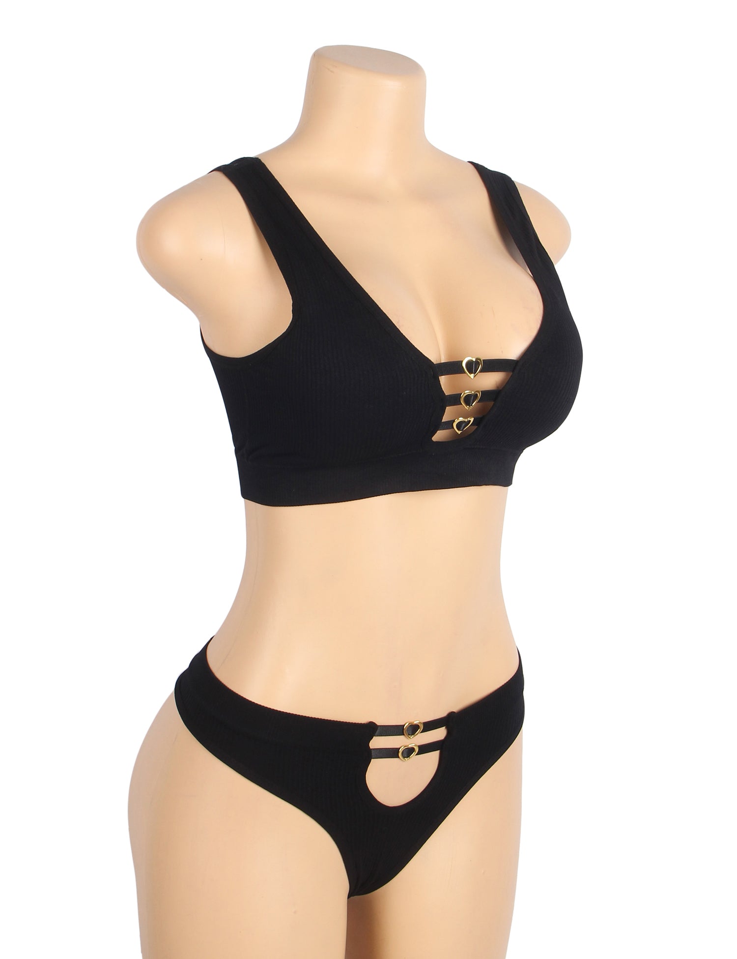 Black Sexy Hollow Heart Buckles Knitted Seamless Bra Set