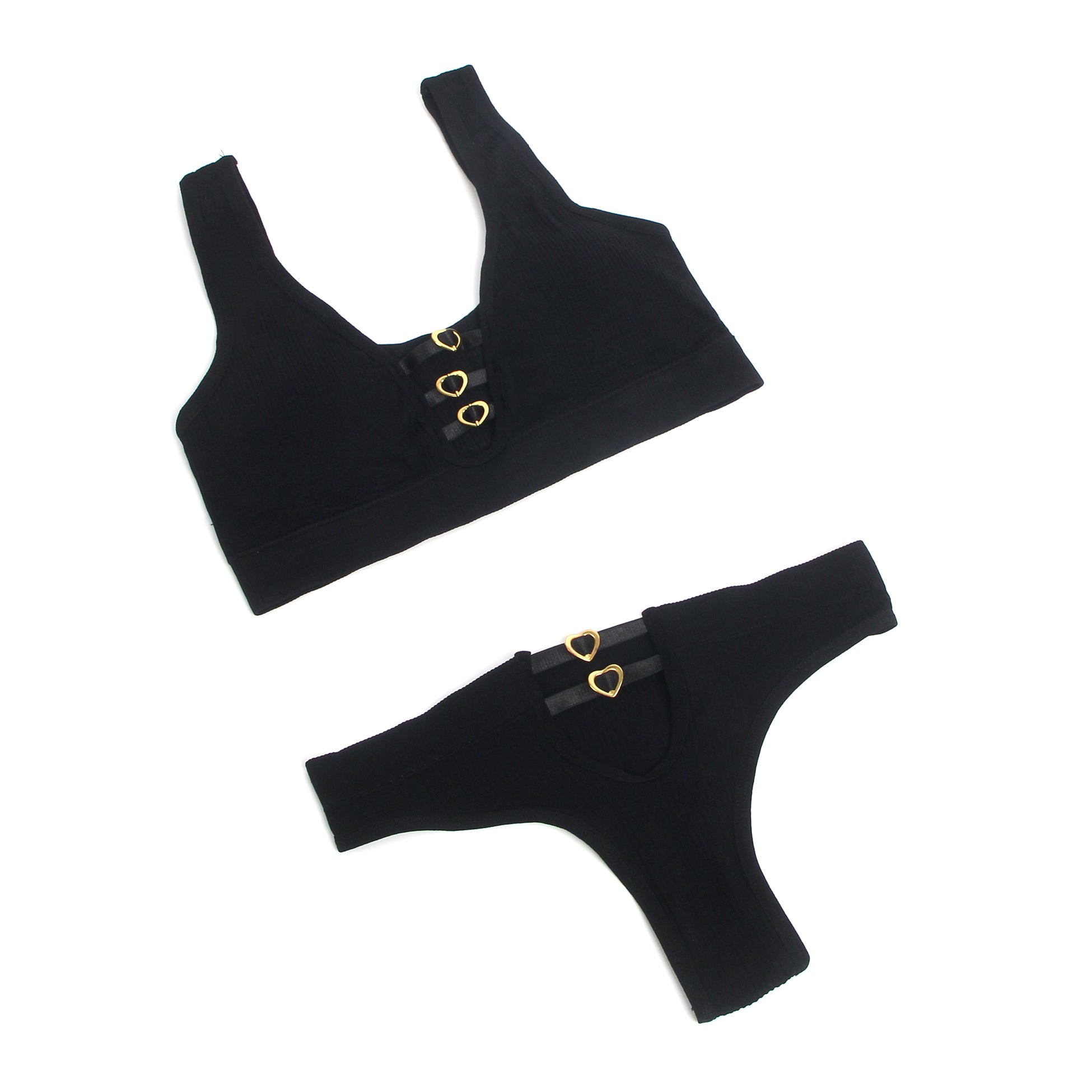 Black Sexy Hollow Heart Buckles Knitted Seamless Bra Set