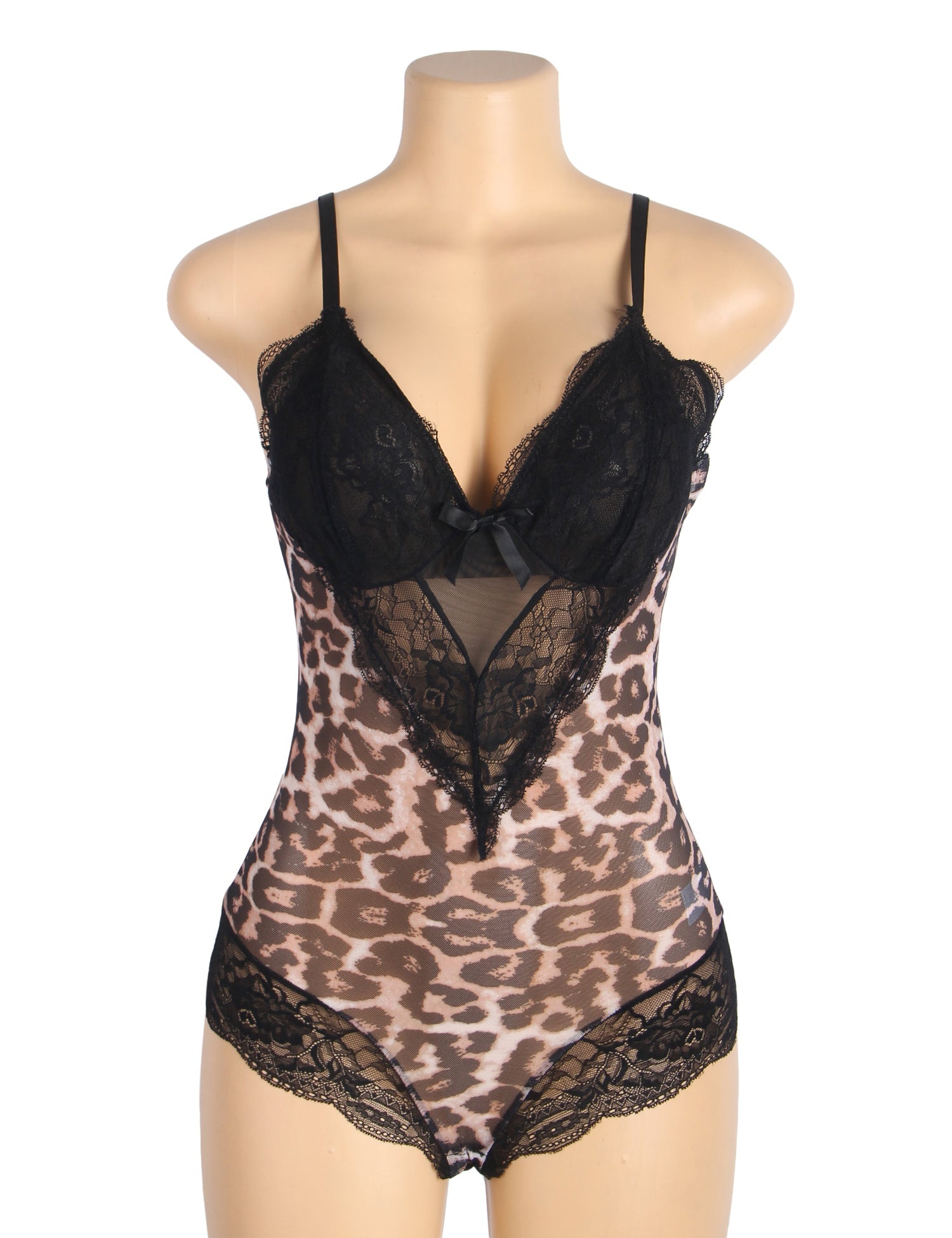 Sexy Nachtwäsche mit Leopardenmuster, Spitzen-Stramplern und offenem Schritt