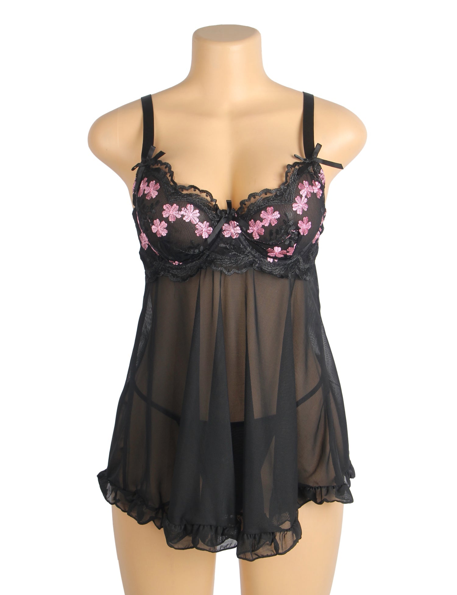 Black Sexy Mesh Embroidery Lace Lift Bra Suspender Nightdress
