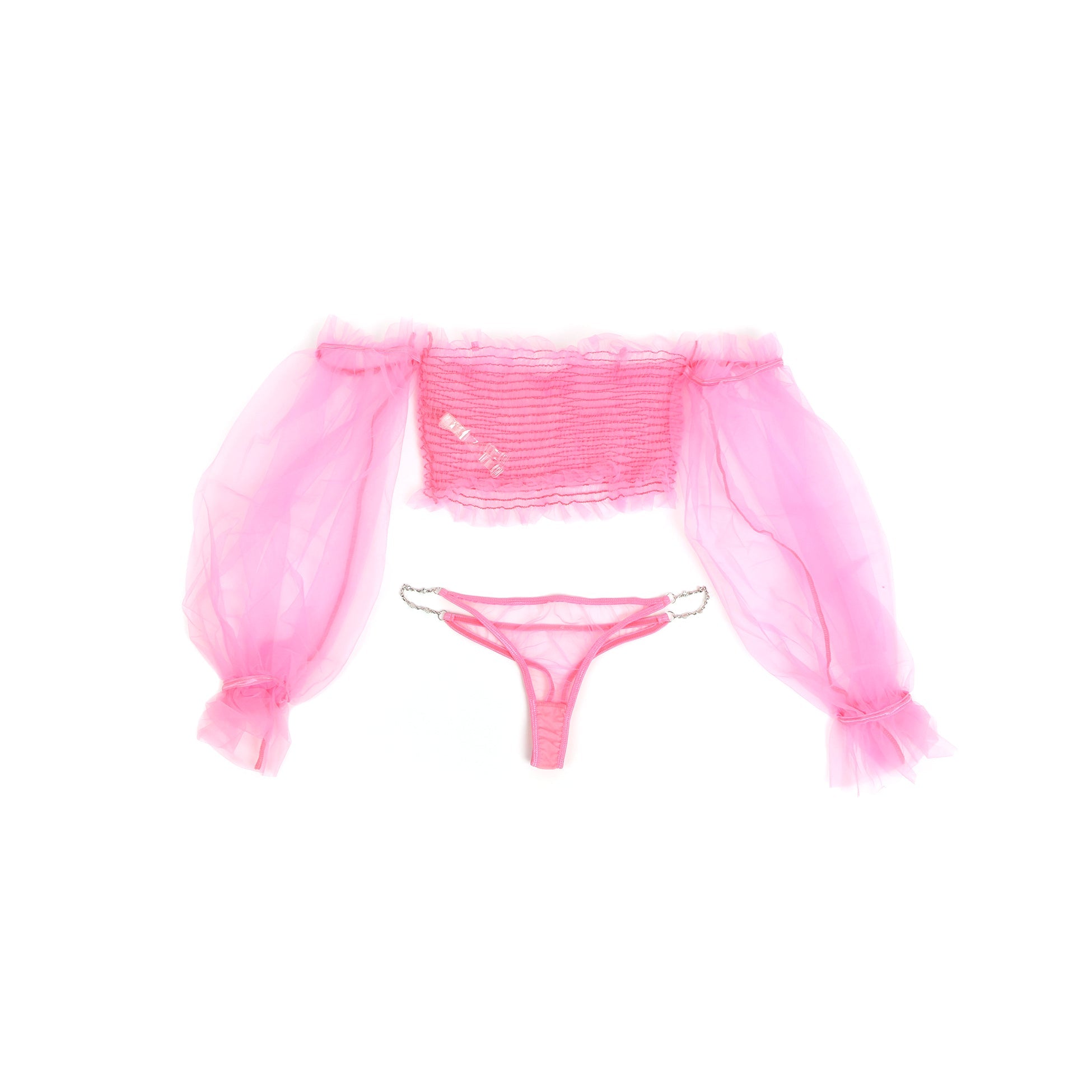 Ensemble de lingerie rose sexy en résille transparente et chaîne métallique à manches longues